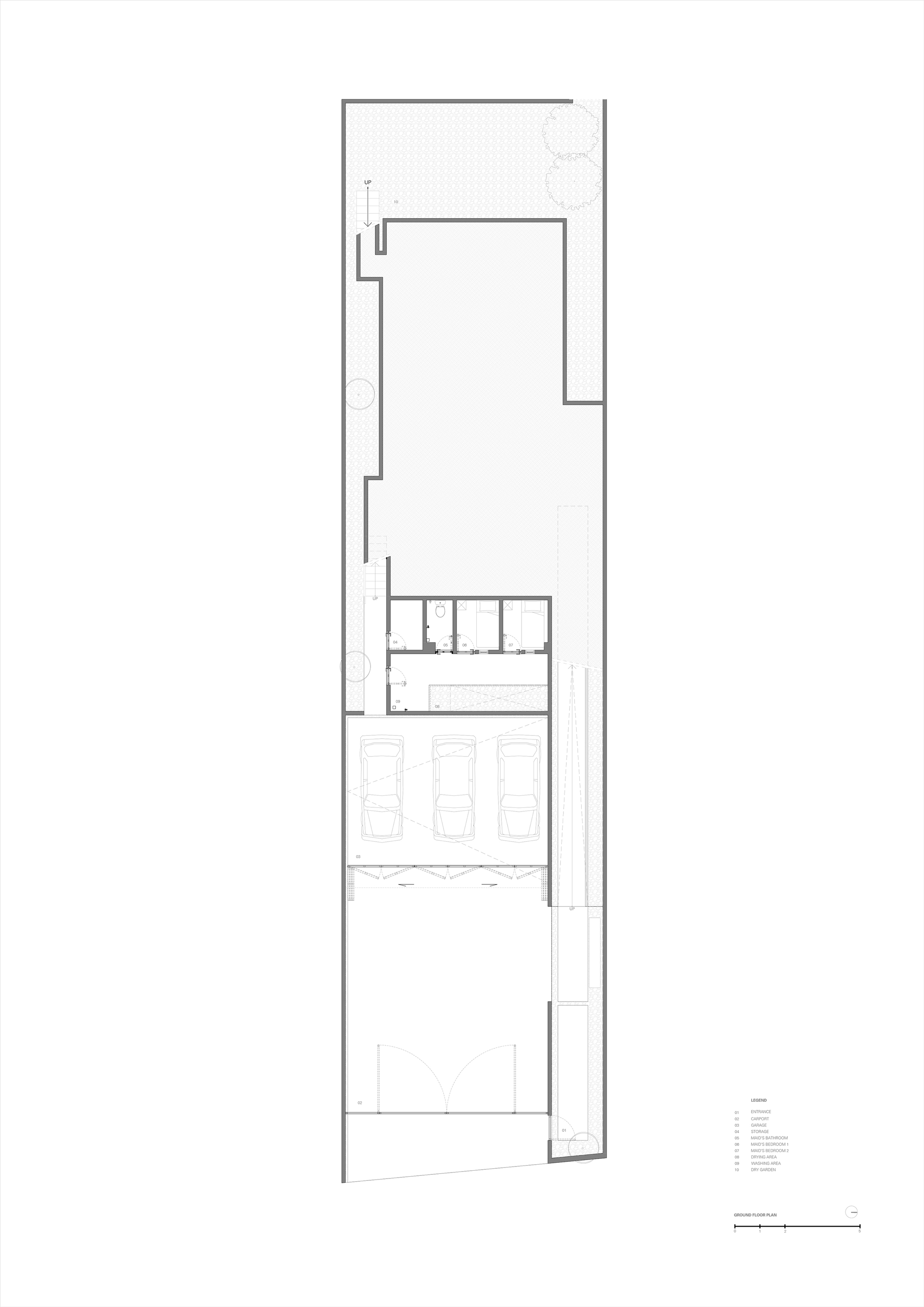 Ground floor plan showing a narrow linear plot with parking spaces and service zones