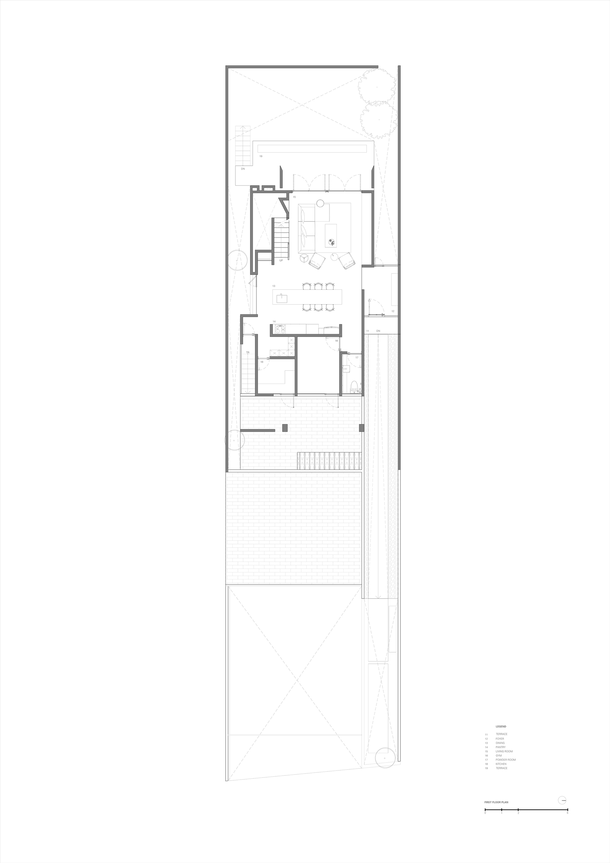 First floor plan showing living spaces with staircase and terrace area