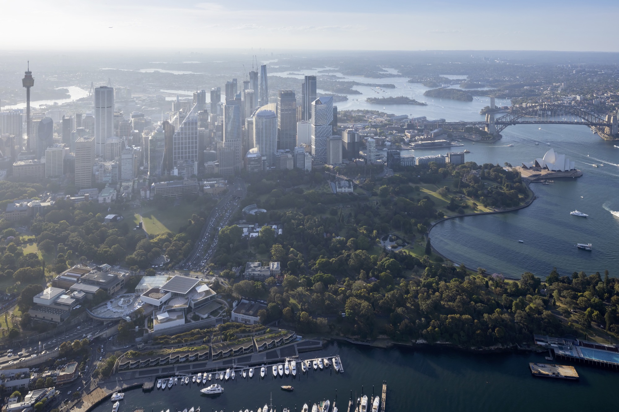 Aerial view of a harbor peninsula with parklands adjacent to a downtown skyline across the water