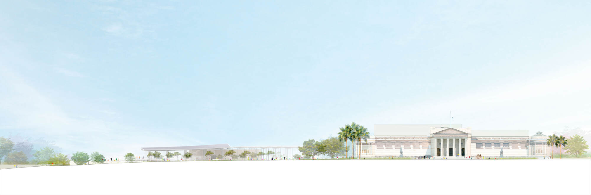 Elevation rendering showing the long horizontal building facade with palm trees under a pale sky