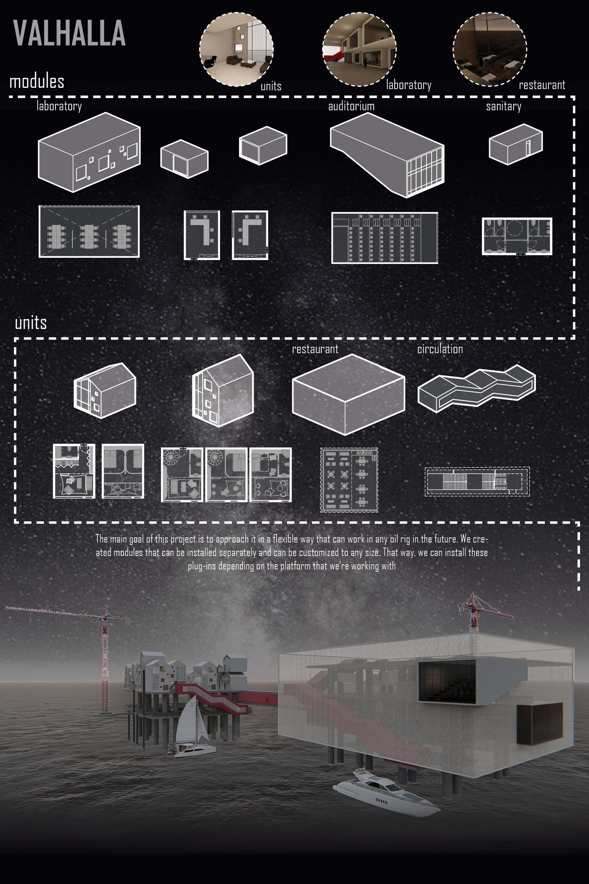Flexible plug-in housing and public modules designed to transform abandoned oil rigs into multifunctional marine communities.