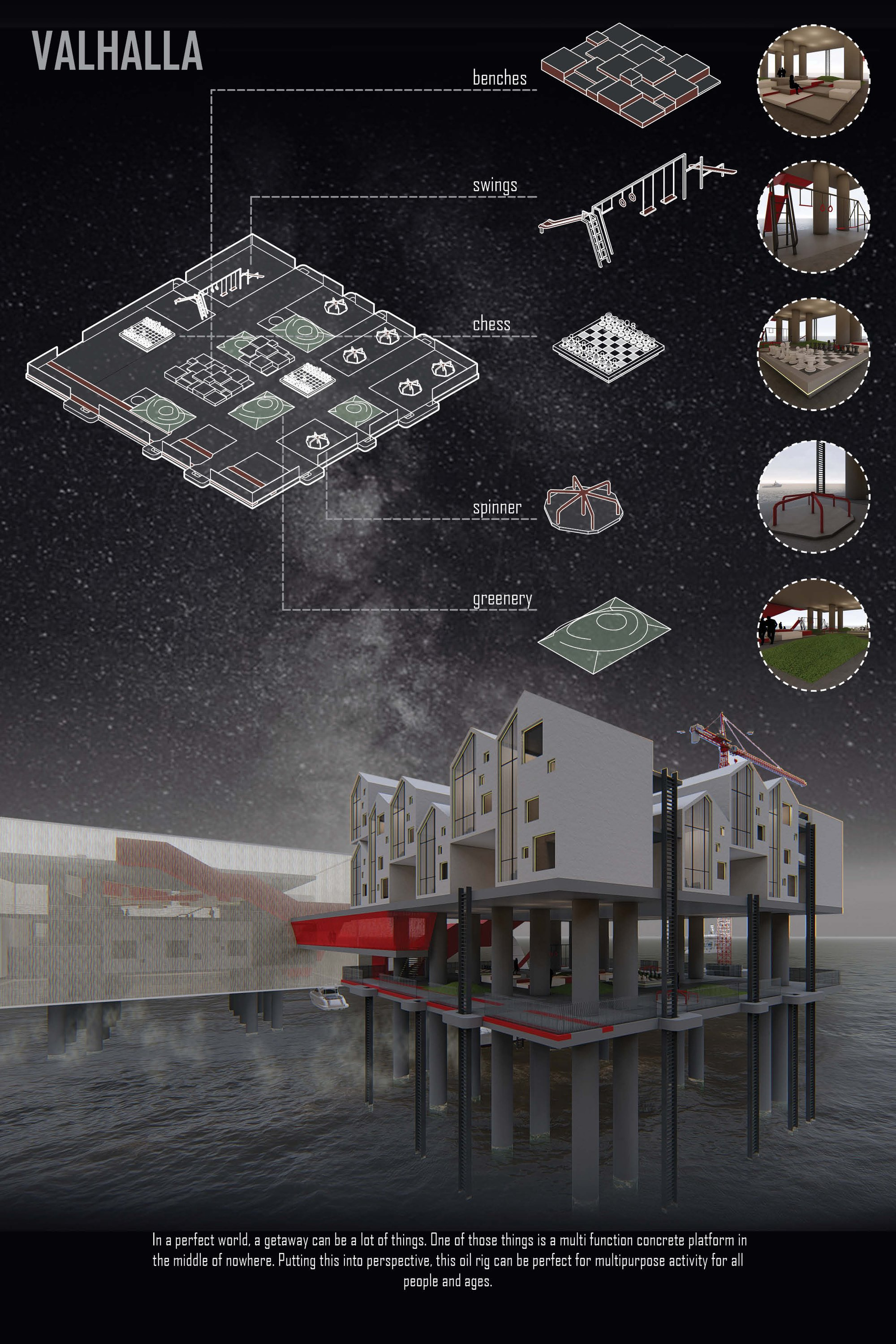 Rooftop recreational landscape integrating greenery, seating, and public interaction within a floating offshore architectural system.