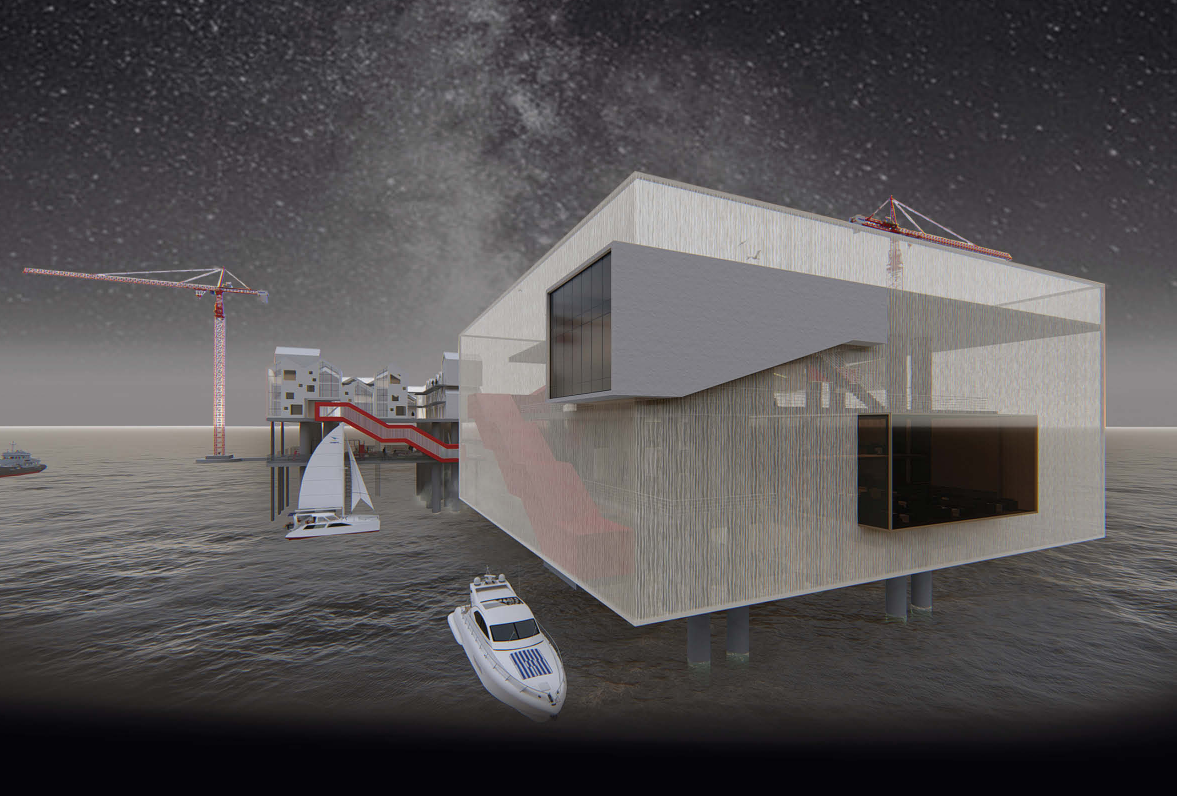 Floating cultural hub connected through bold circulation bridges, redefining offshore infrastructure through adaptive reuse architecture.