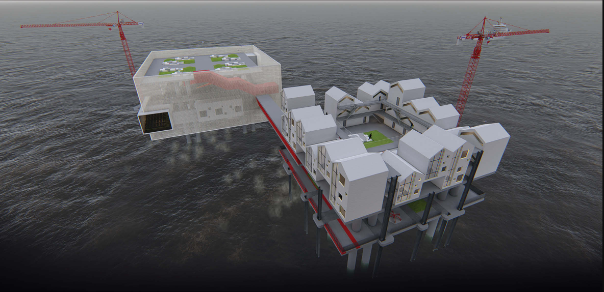 Aerial perspective of VALHALLA’s modular marine settlement combining residential living, public programs, and oceanfront circulation spaces.