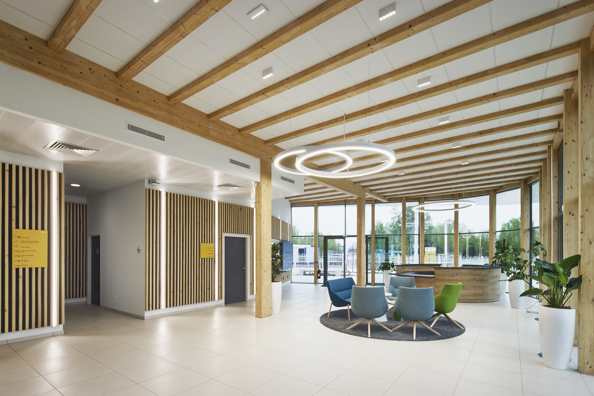 Reception area with timber ceiling grid and circular light fixtures suspended above tiled floor