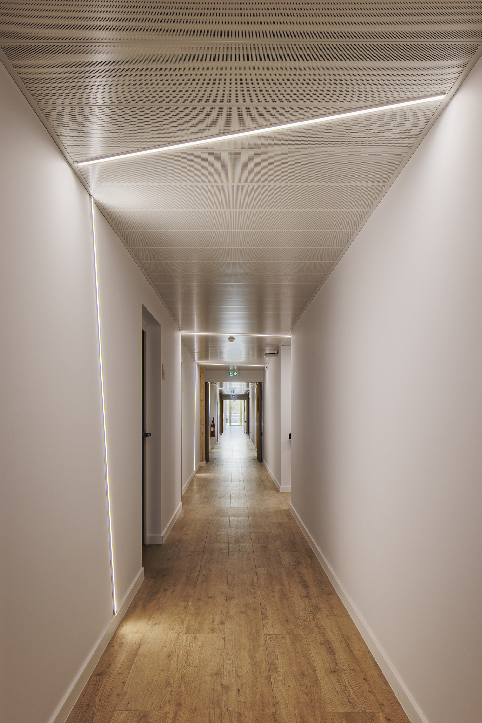 Long corridor with white walls, linear ceiling lighting and timber flooring receding to a distant window