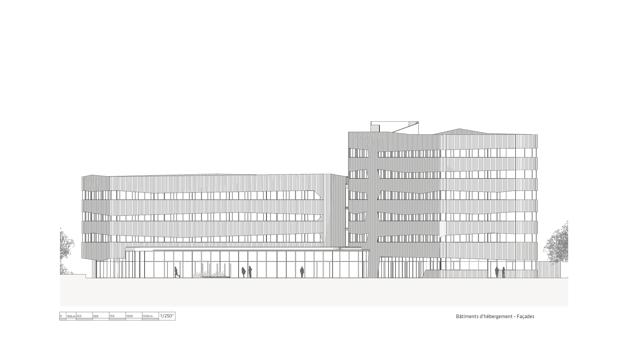 Elevation drawing depicting two connected volumes with horizontal fenestration and figures at ground level