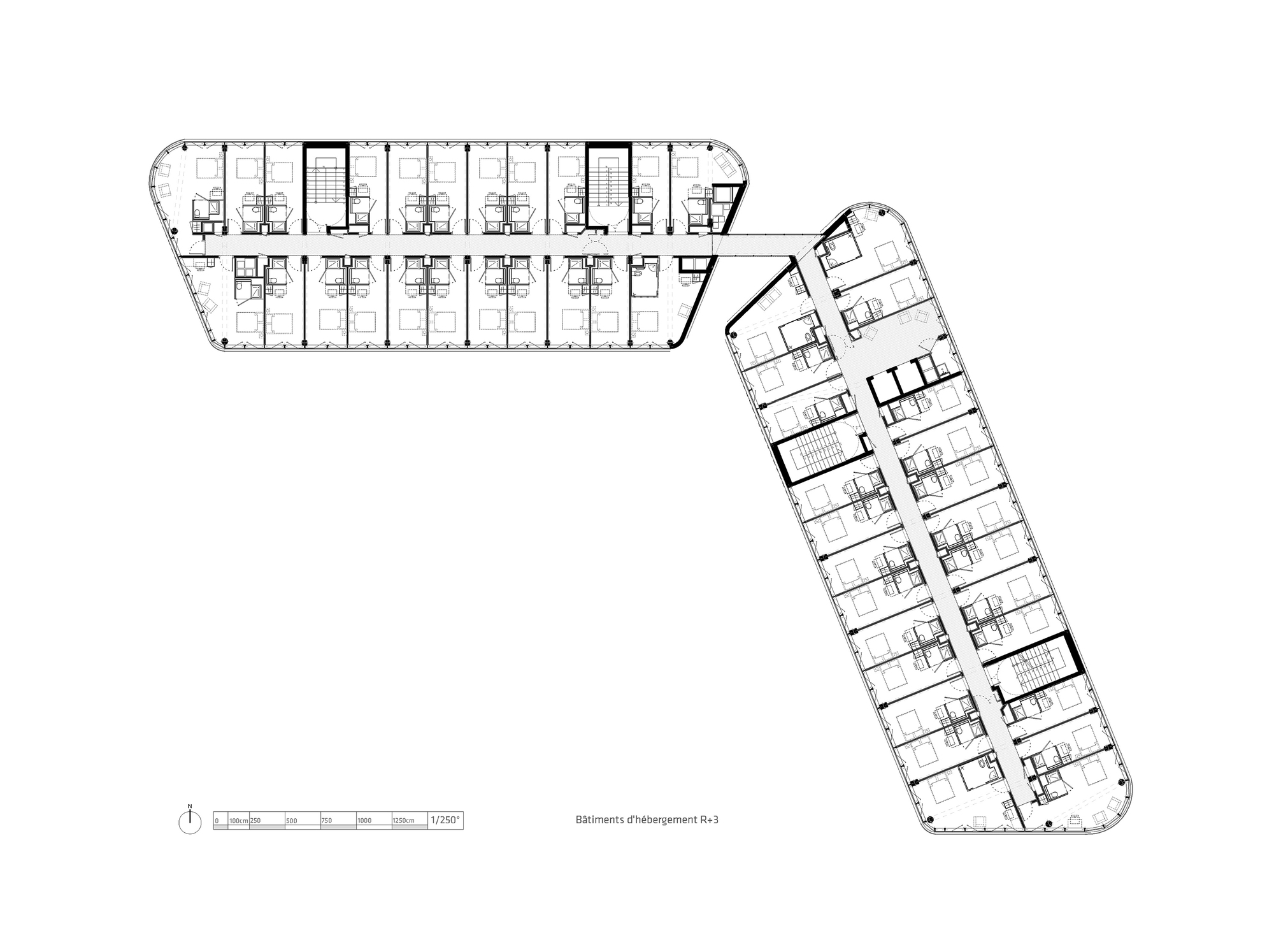 Floor plan drawing illustrating two angled wings with repeating units and central stair towers