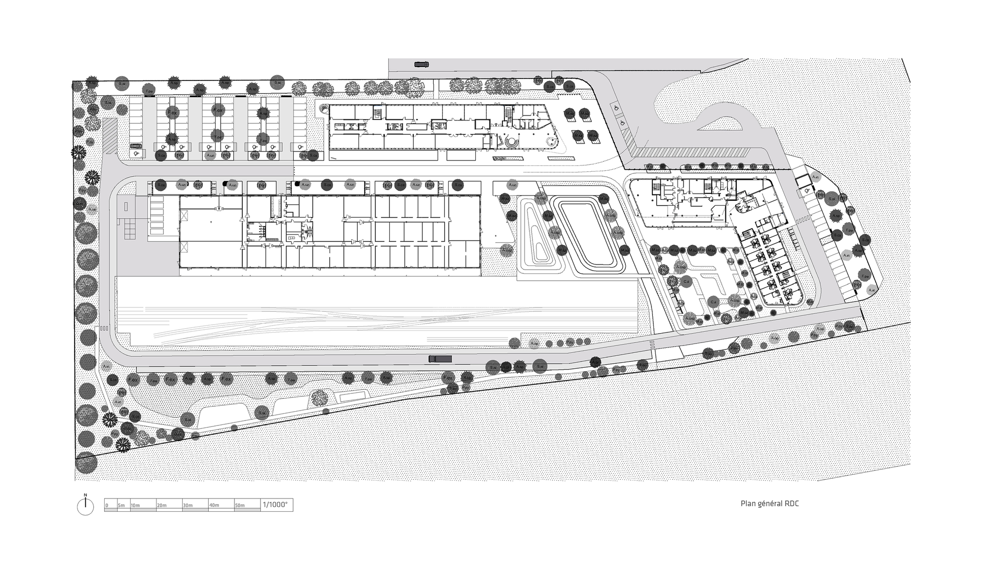 Site plan drawing showing rectangular volumes, curved water feature, and perimeter tree planting