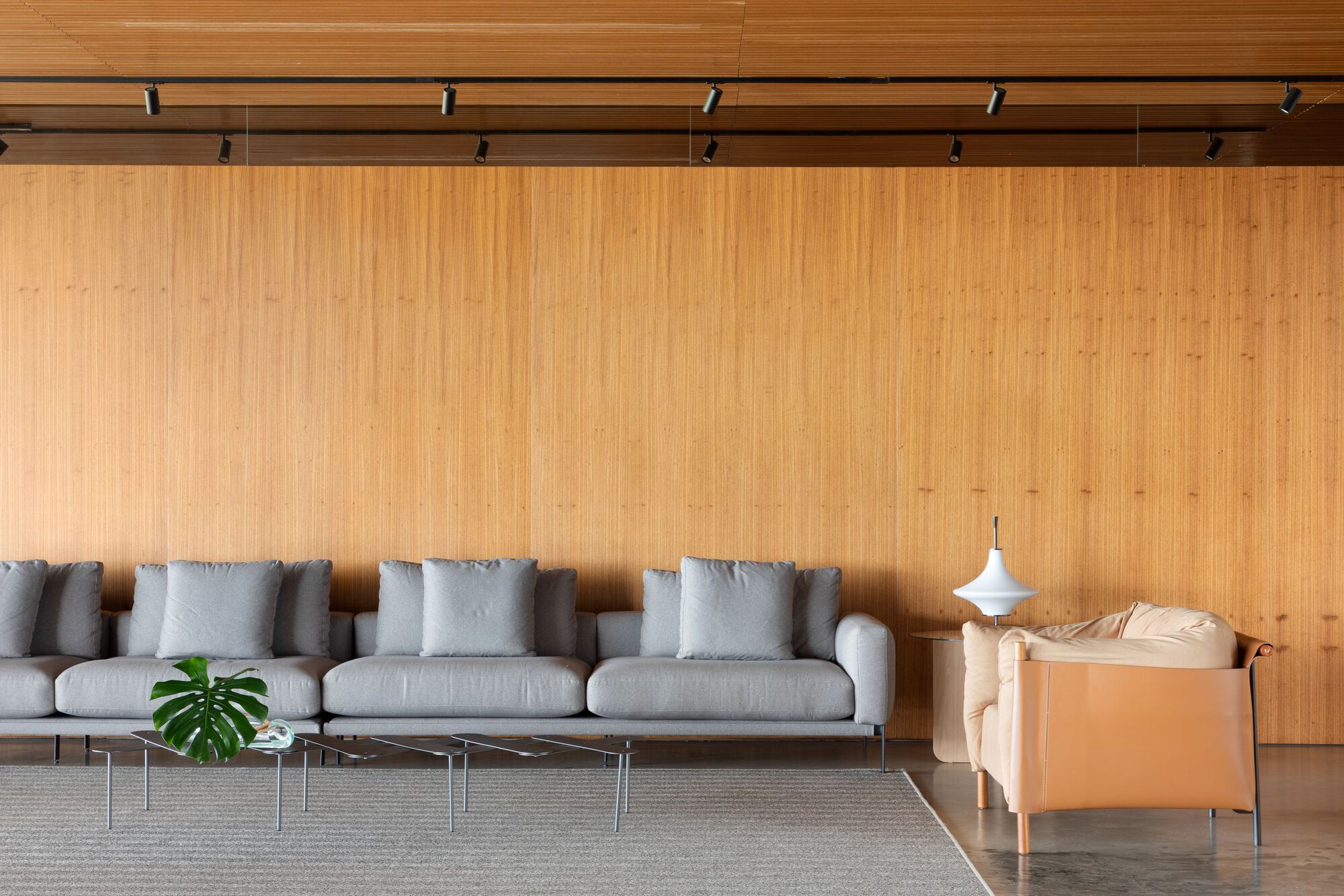Lounge seating along wood plank wall with track lighting mounted on timber ceiling