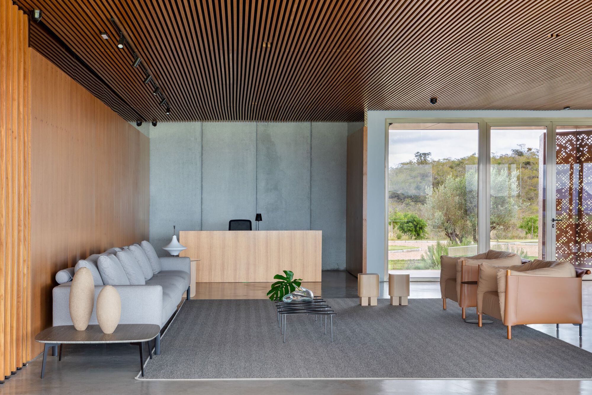 Interior view toward glazed doors framing landscape with concrete walls and timber slat ceiling