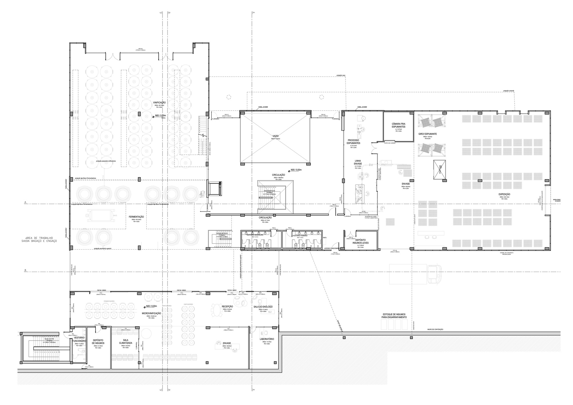 First floor plan drawing showing offset rectangular volumes with seating areas and service cores