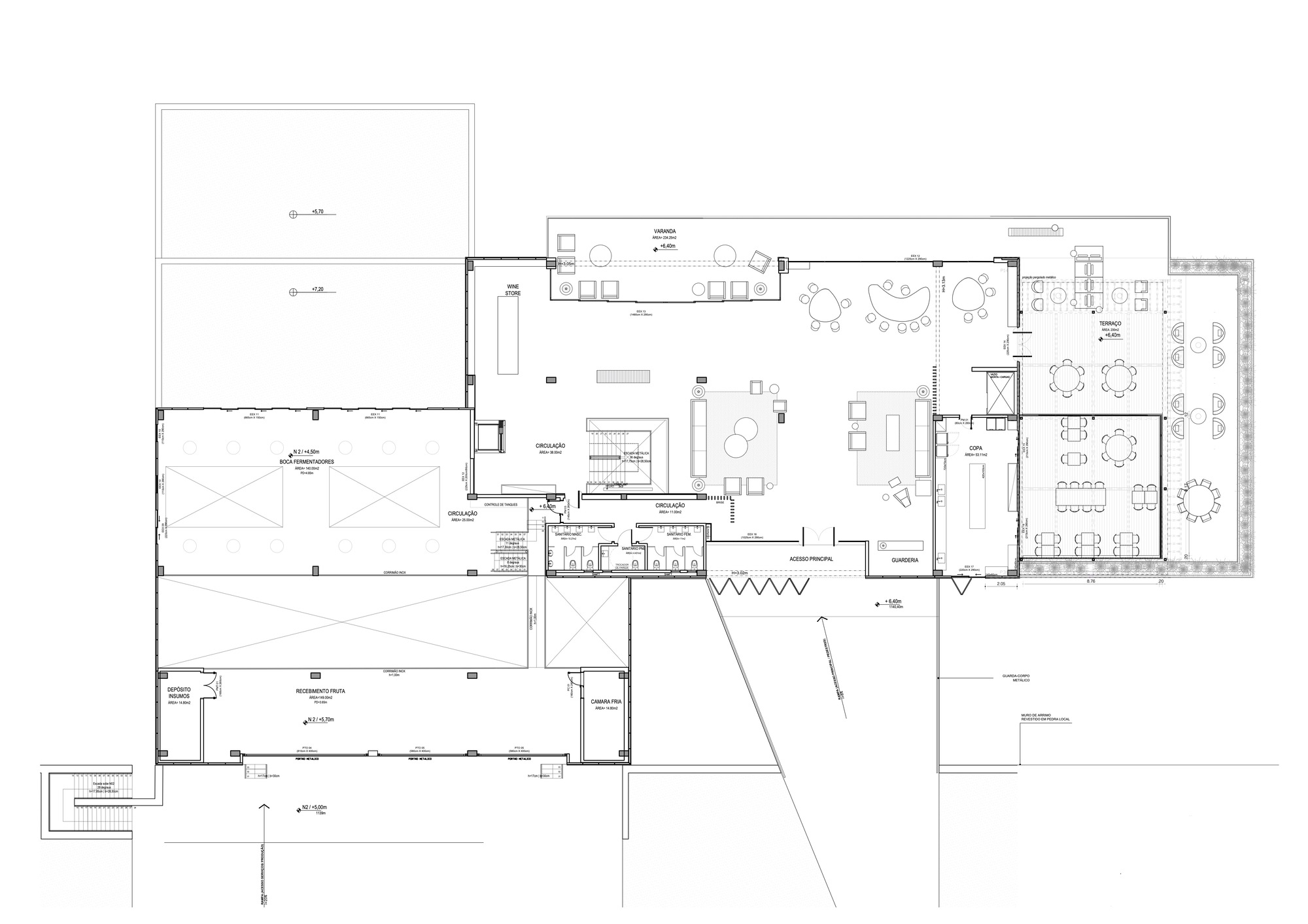Upper level floor plan drawing showing dining and lounge areas with zigzag circulation spine
