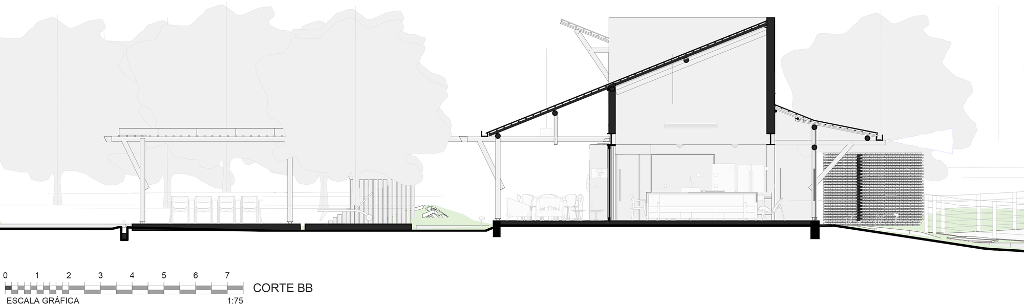 Section drawing showing pitched roof structure and interior spatial relationships between rooms