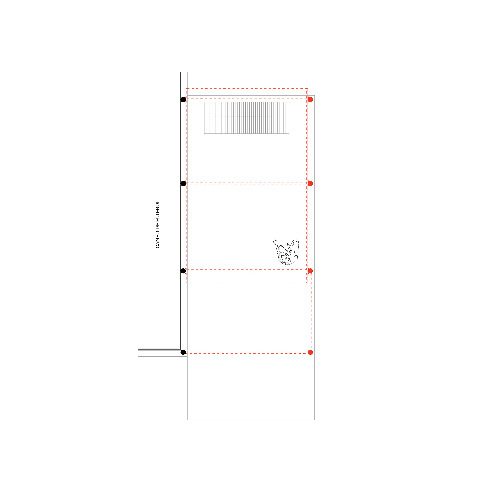 Section drawing showing a three-level vertical structure with a courtyard and a person figure at middle level