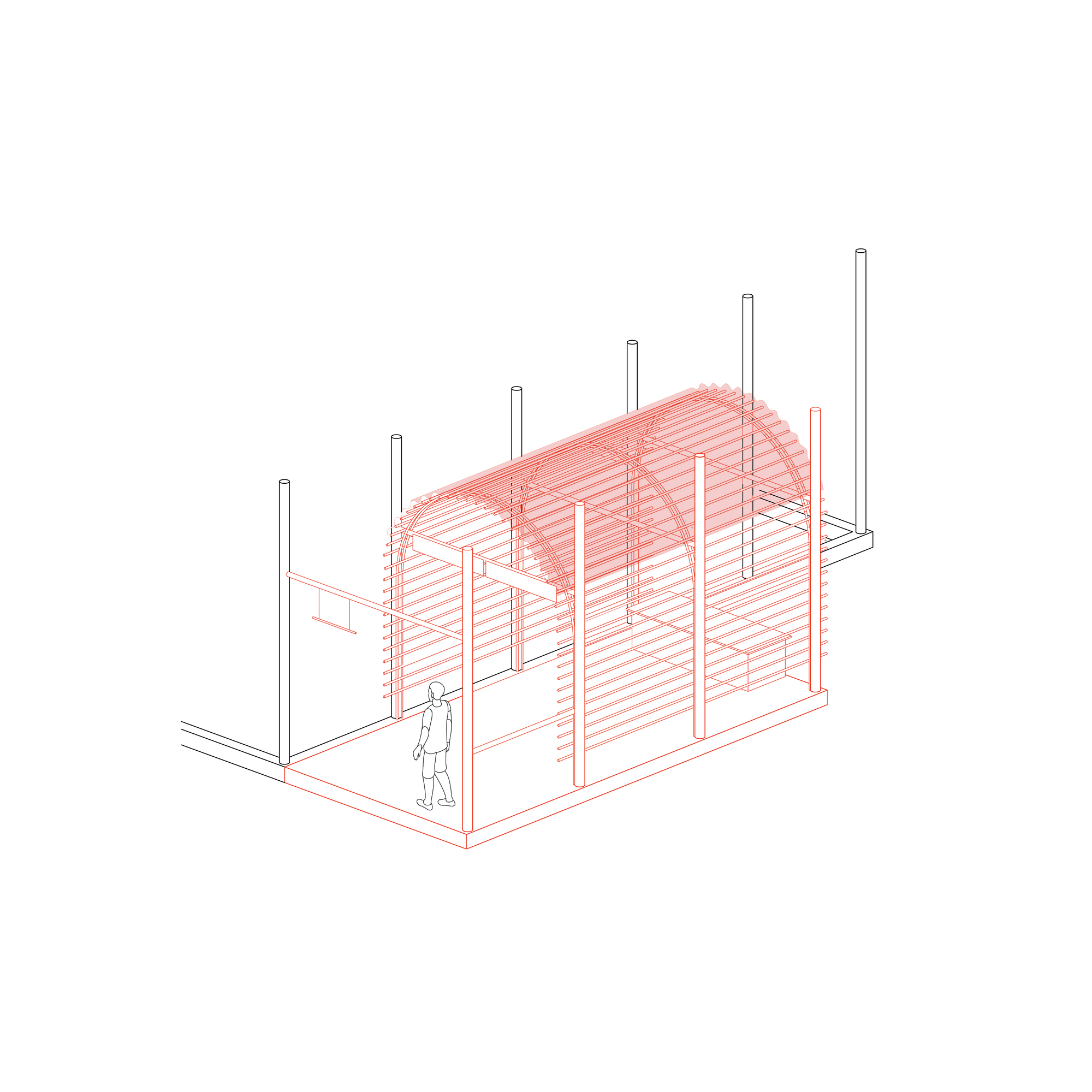 Axonometric drawing showing a barrel-vaulted pavilion with vertical posts and a standing figure