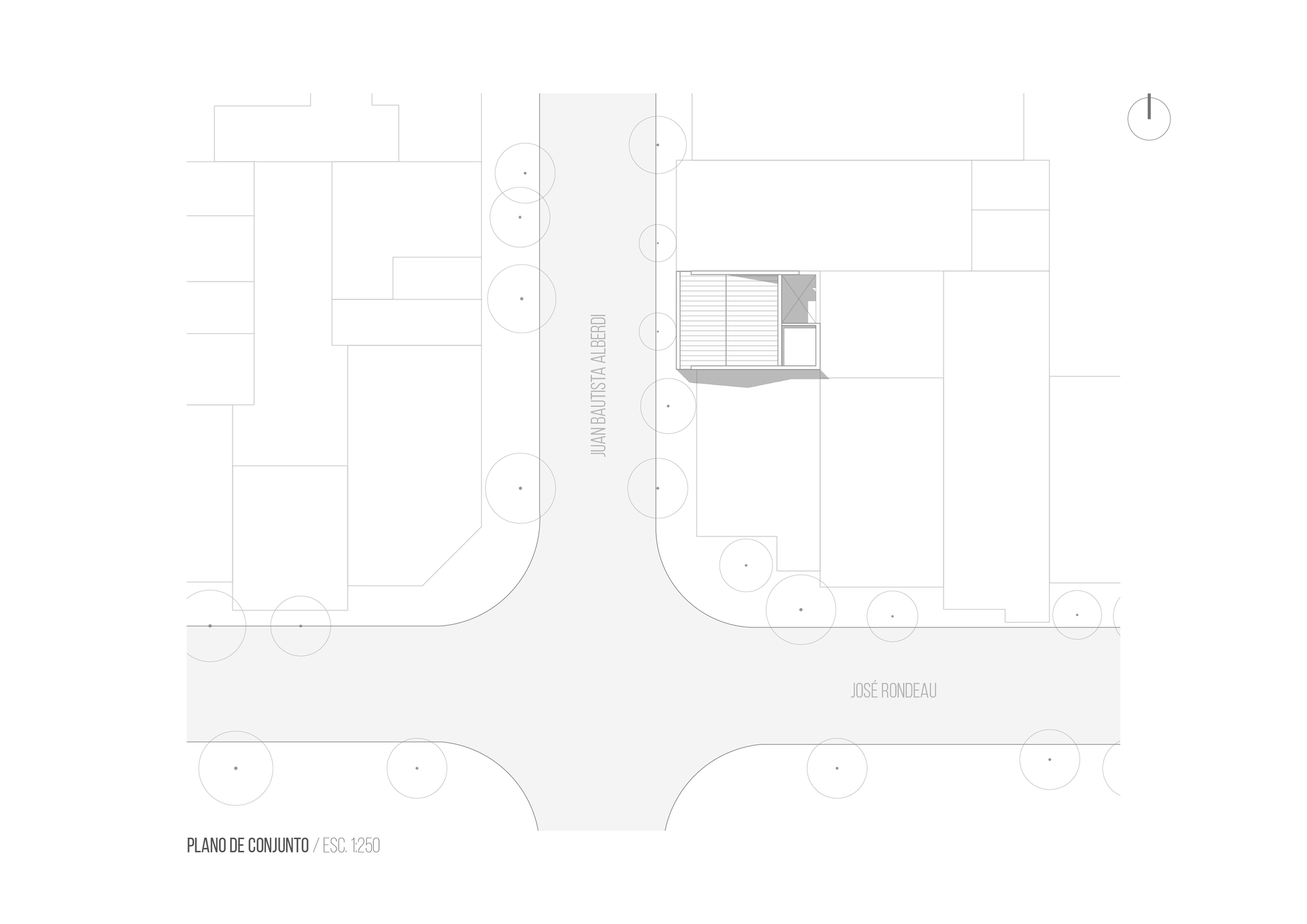 Site plan drawing showing a small structure positioned on a corner lot with street trees