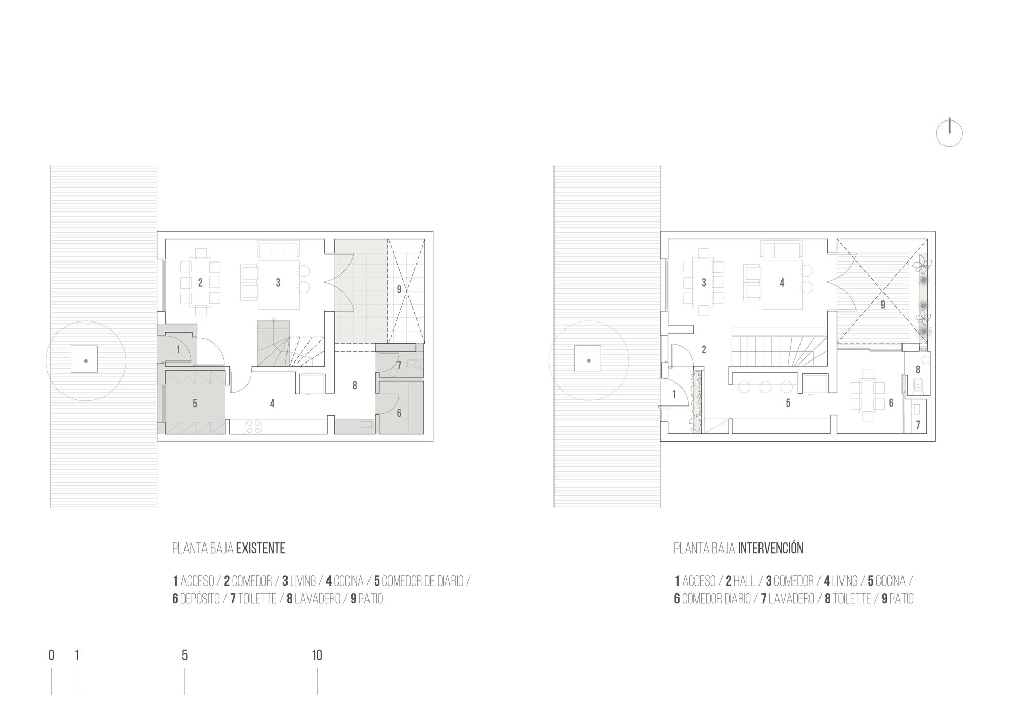 Lower level floor plans comparing existing layout with proposed intervention including new staircase placement