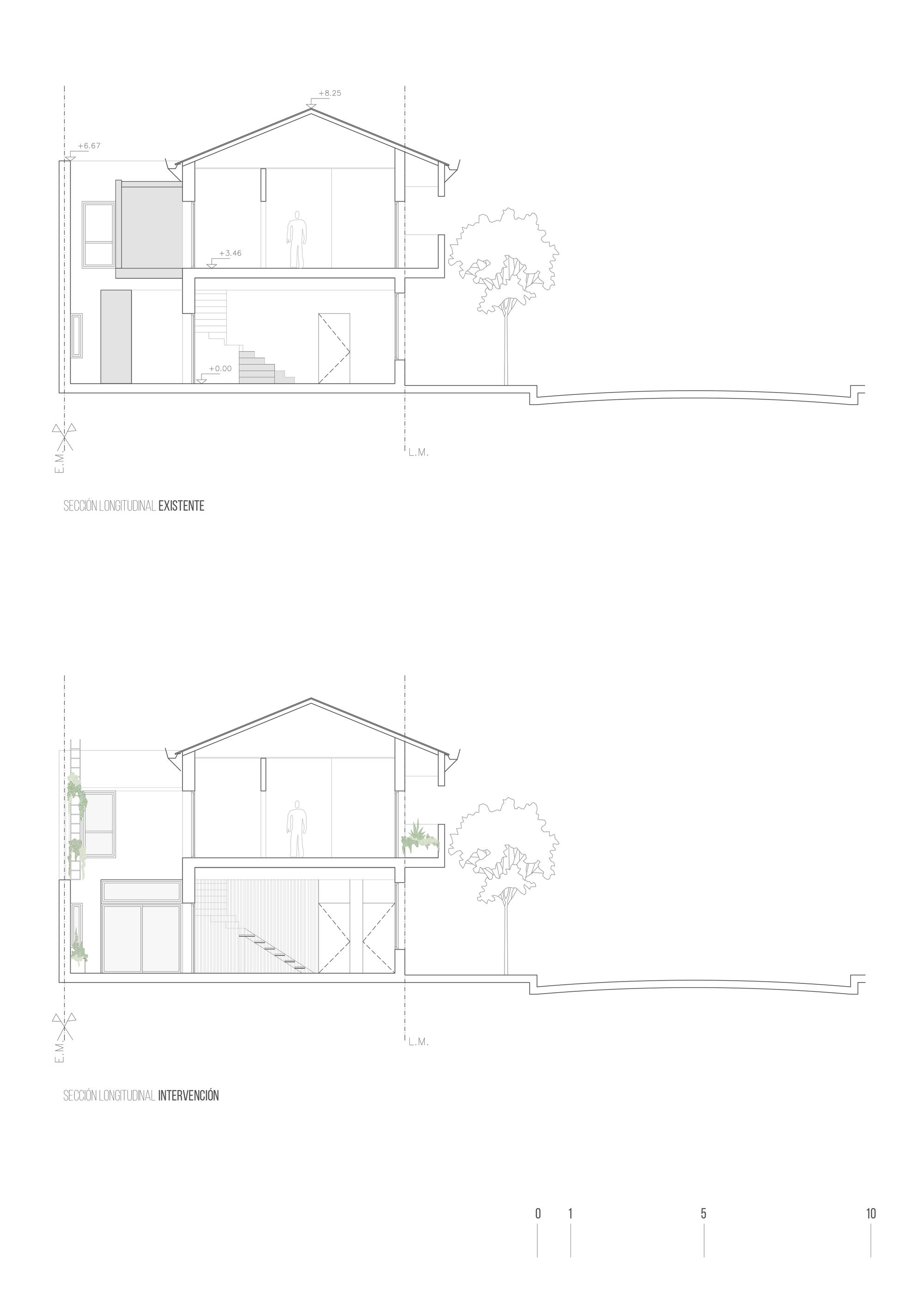 Section drawings comparing existing and proposed two-story structures with gabled roof and adjacent tree
