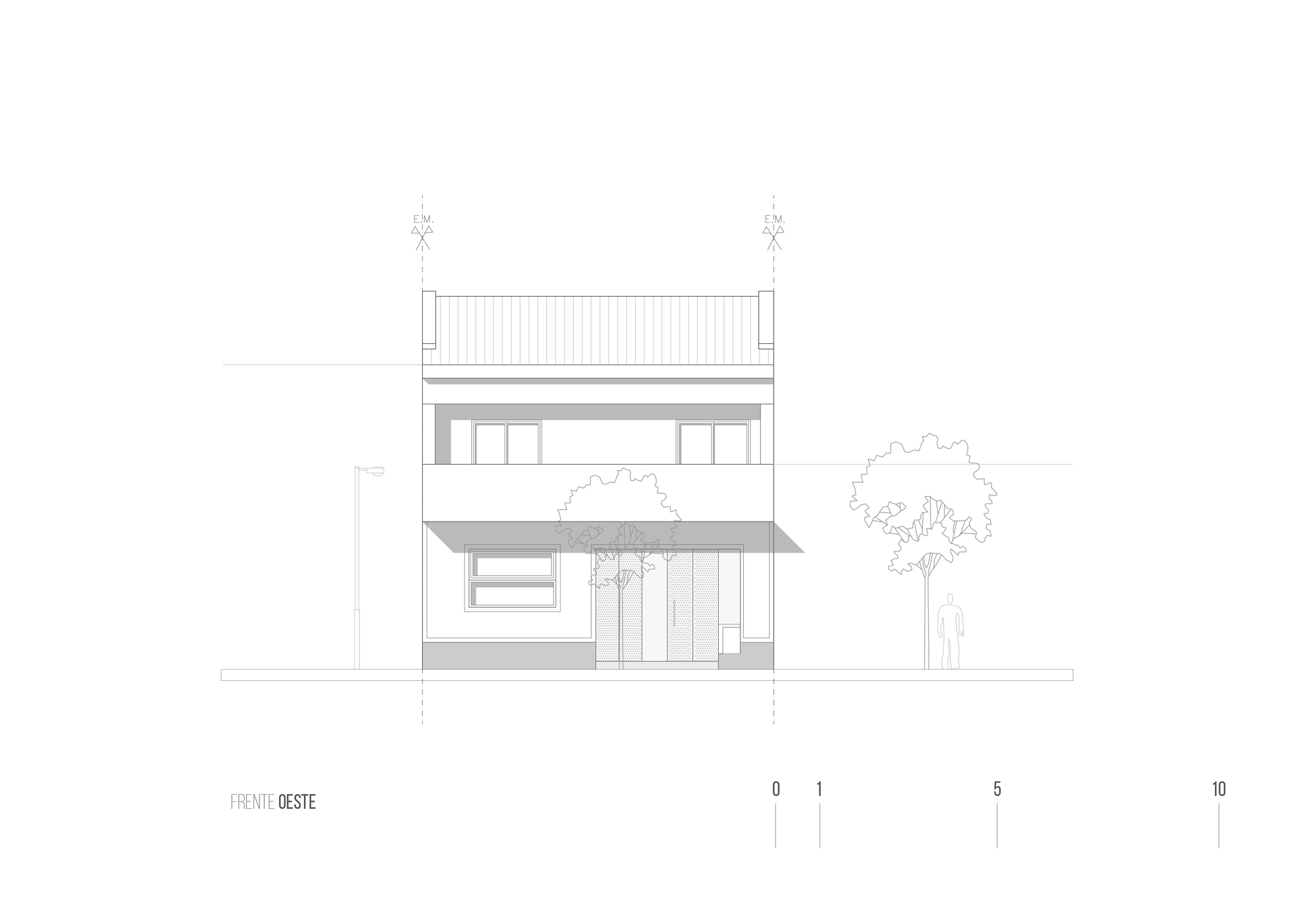 Front elevation drawing showing a three-story facade with canopy overhang and flanking trees
