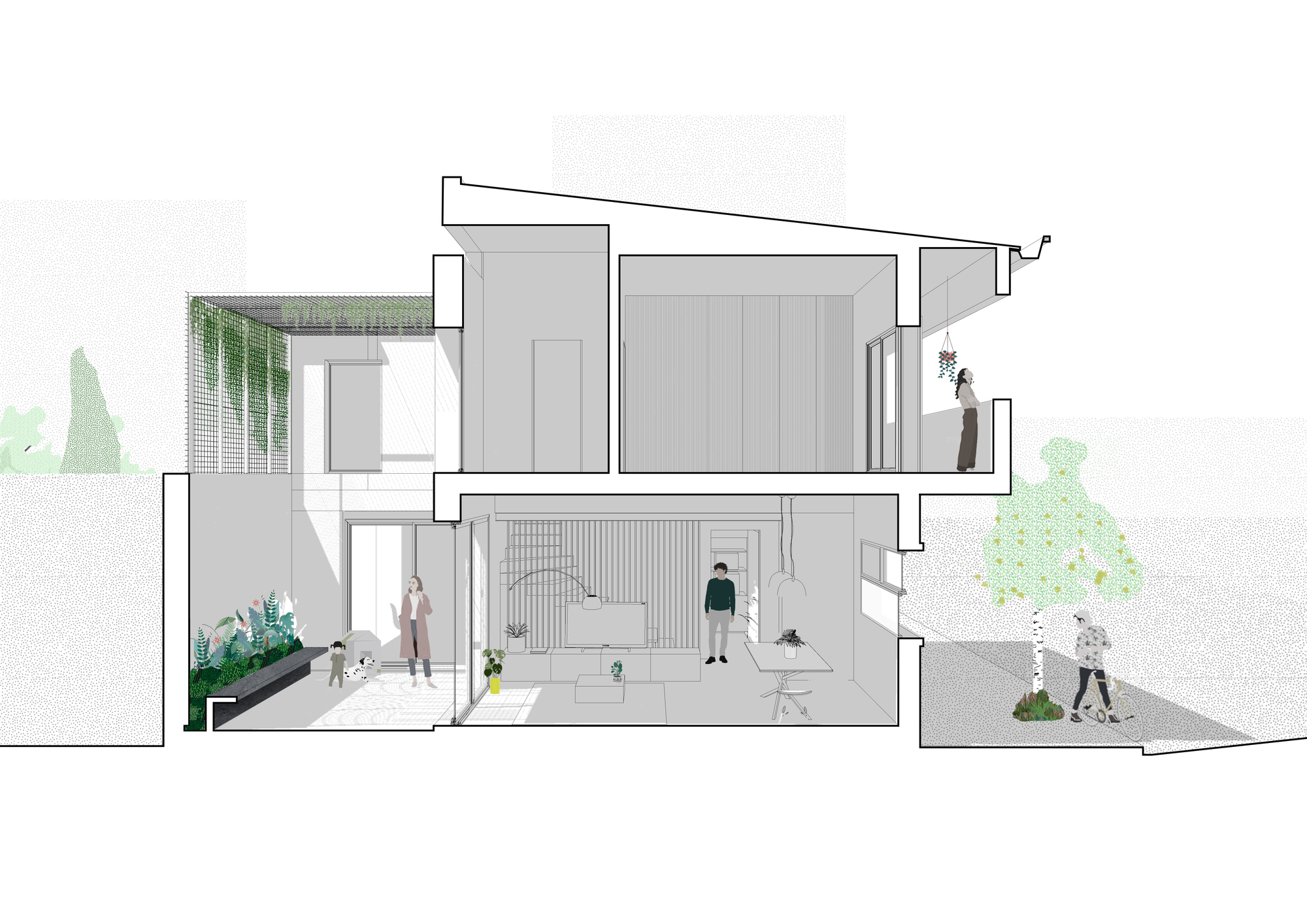 Section drawing showing a two-level residence with planted terrace and figures in interior spaces
