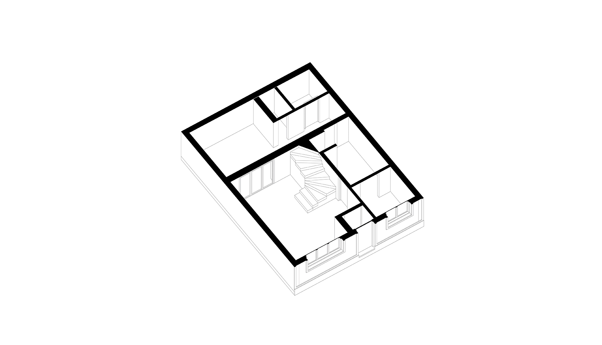 Axonometric drawing of upper level showing central stairwell and three enclosed rooms