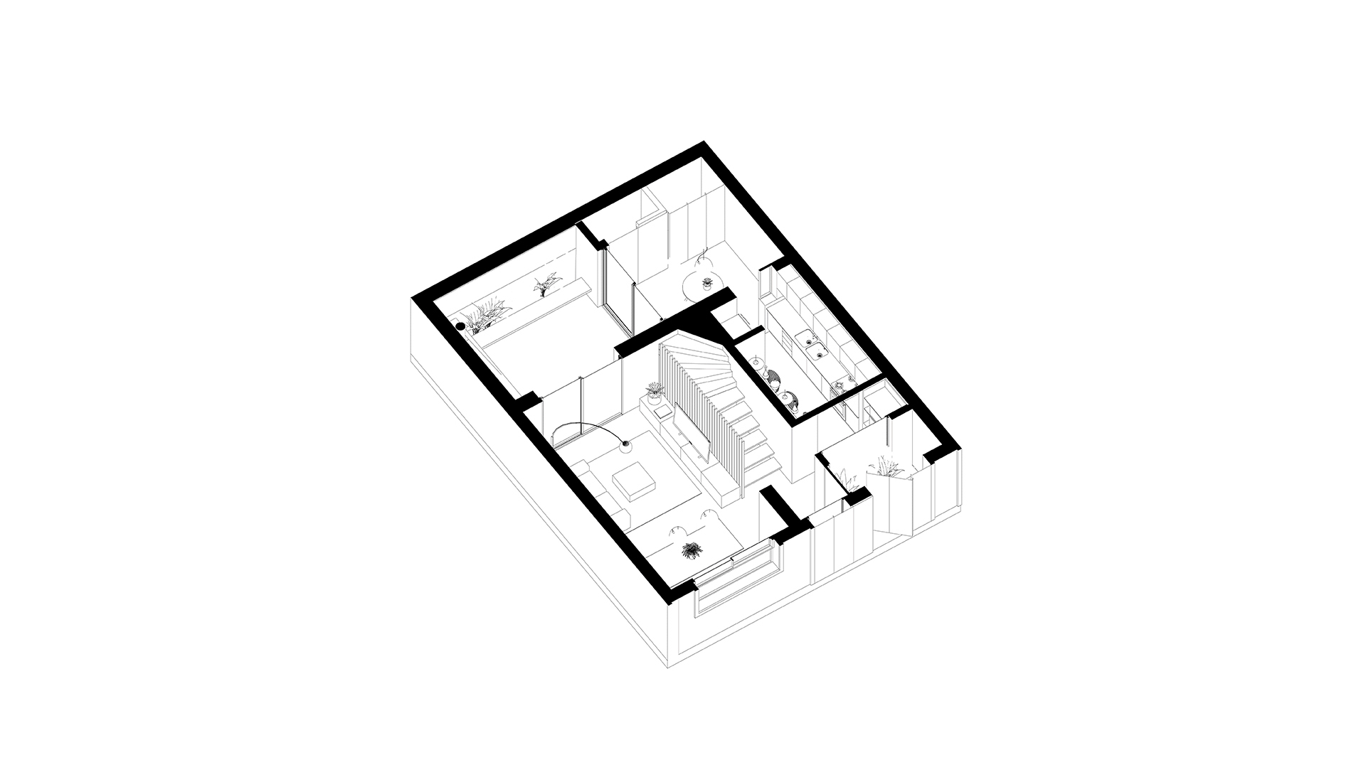 Axonometric drawing of lower level showing living spaces and staircase with furniture layout