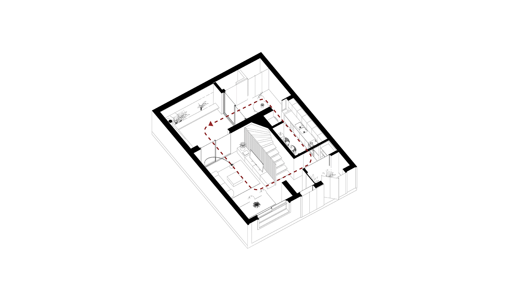 Axonometric drawing of lower level with dashed circulation path connecting spaces around central stair