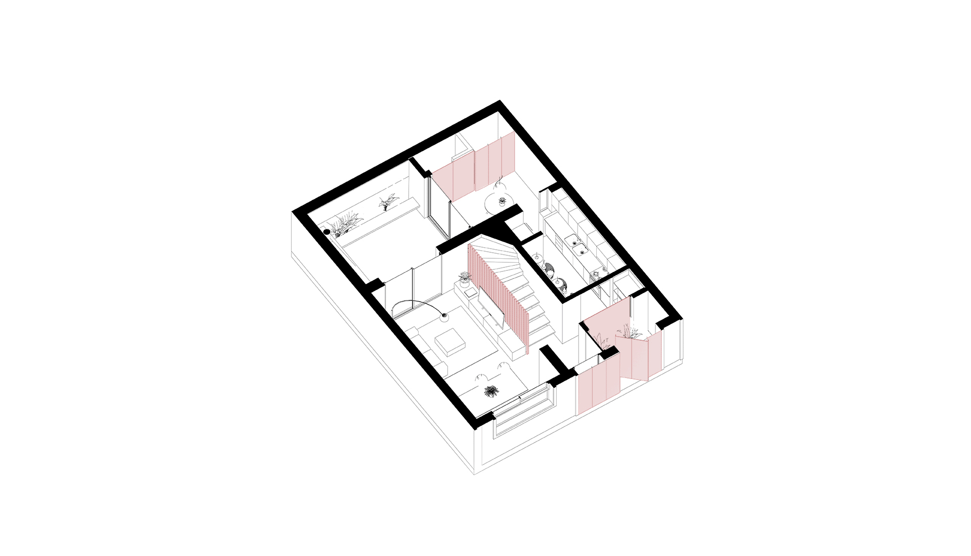 Axonometric drawing of lower level with pink-shaded volumes highlighting spatial zones and vertical circulation
