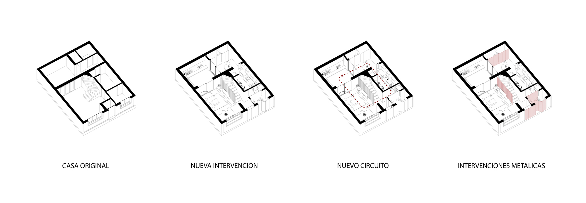 Axonometric diagram sequence showing four stages of spatial intervention with new circulation and metallic elements highlighted in pink
