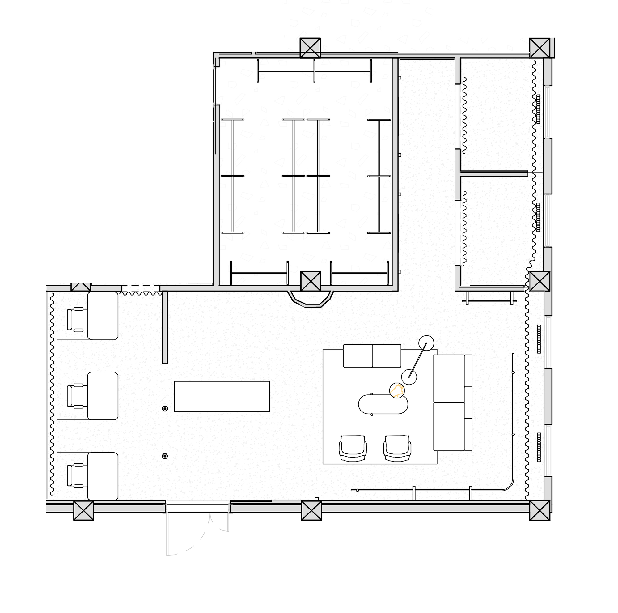 Floor plan drawing showing main retail space with display tables and enclosed fitting rooms