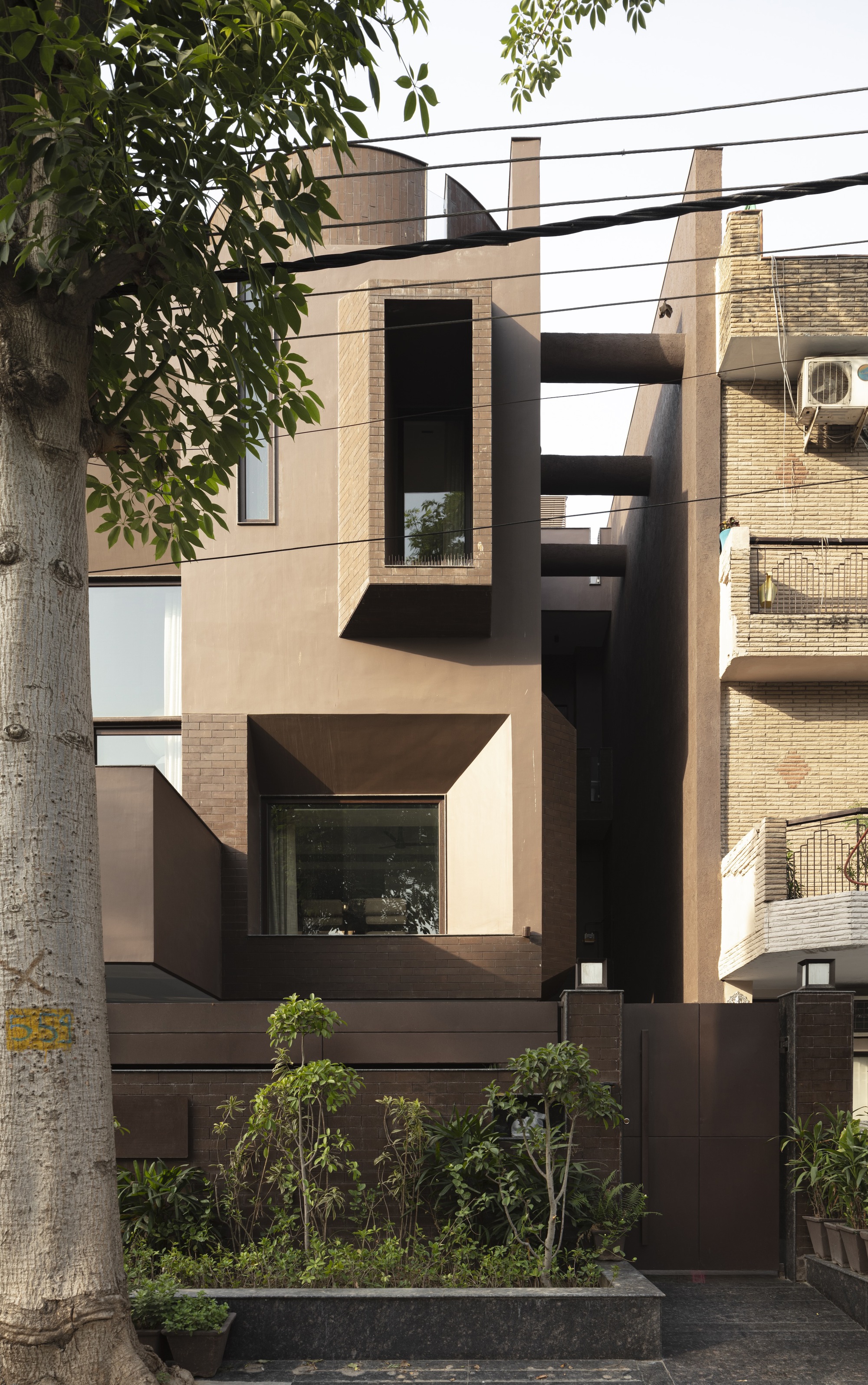 Street facade with geometric bronze-framed windows and planted bed framed by a street tree