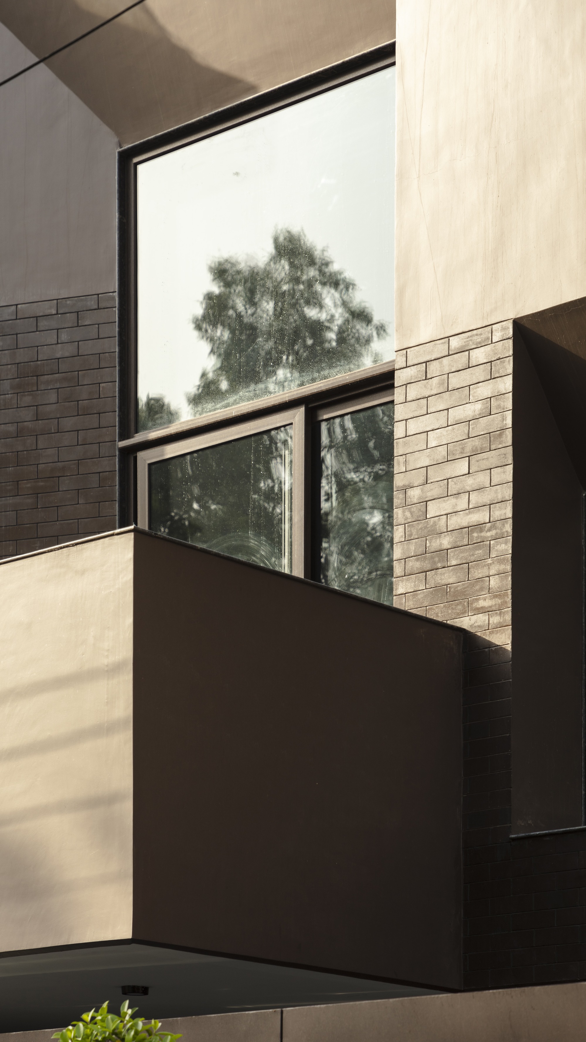 Stairwell view framed by brick walls and plaster surfaces with a tree visible through the window