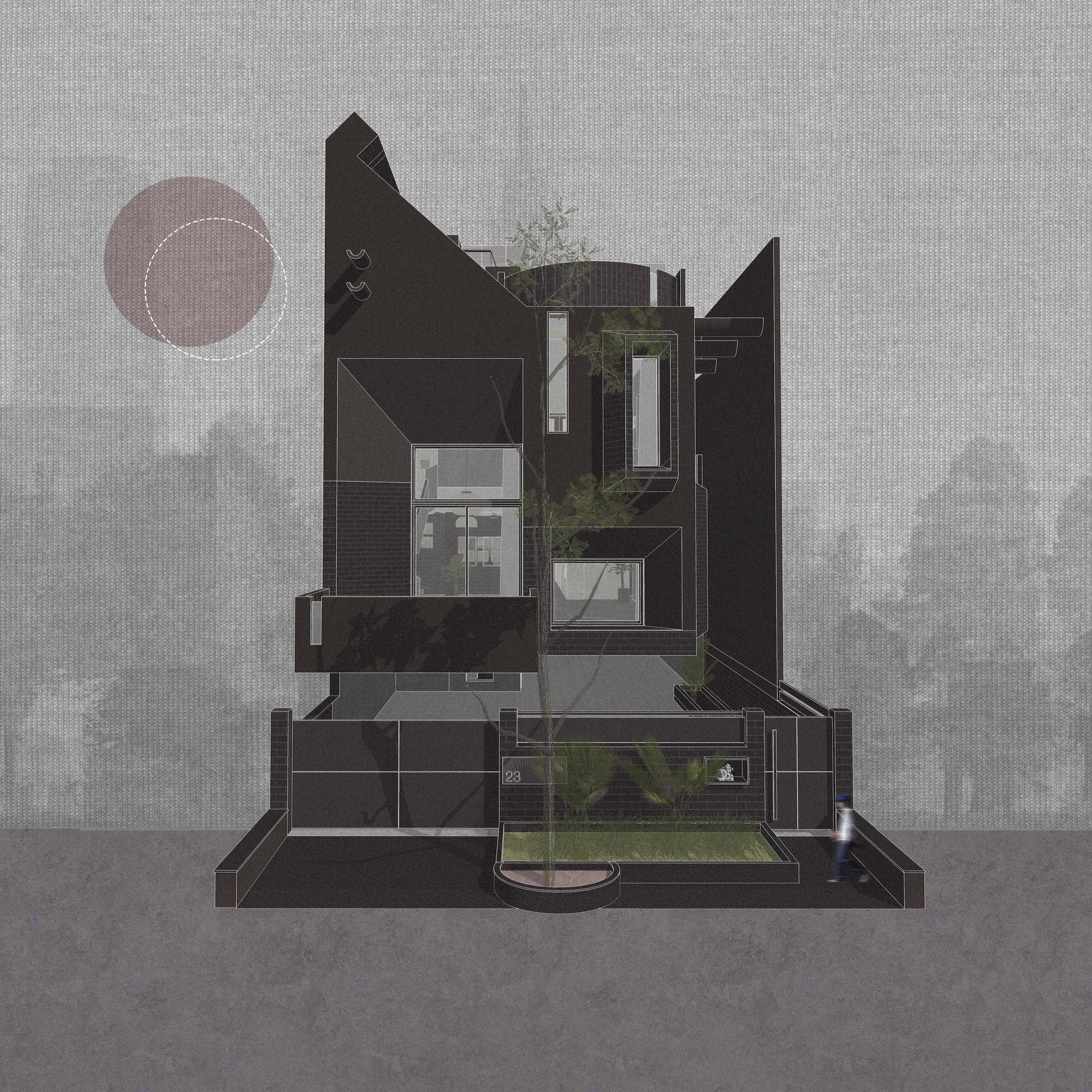 Axonometric drawing showing layered volumes, courtyards, and planted areas with tonal rendering