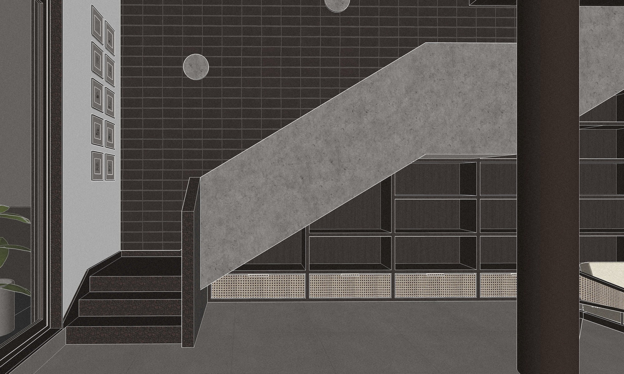 Perspective section drawing showing a concrete staircase ascending past dark tiled walls and metal railings