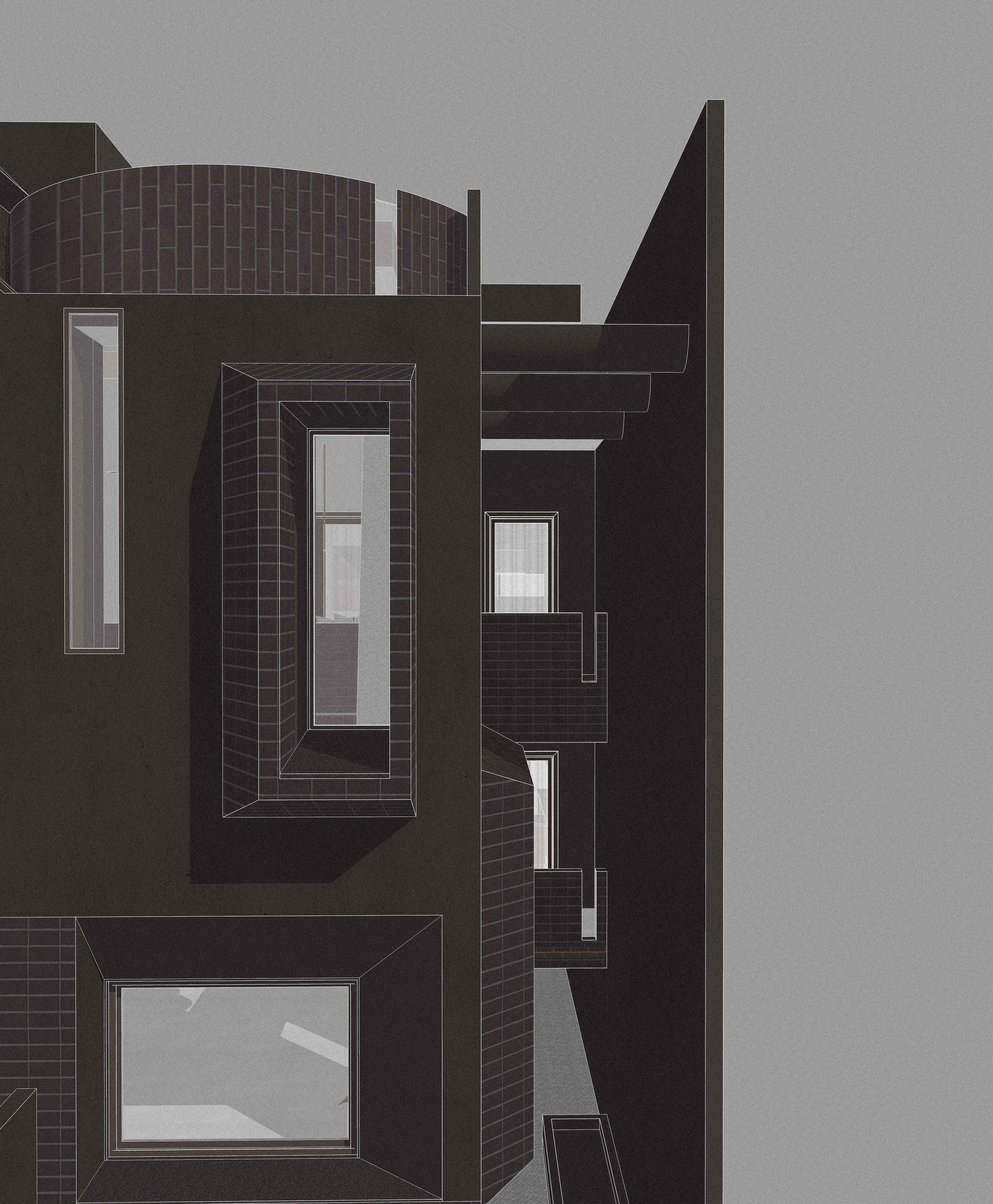 Axonometric section drawing revealing stacked rooms with dark brick walls and vertical windows