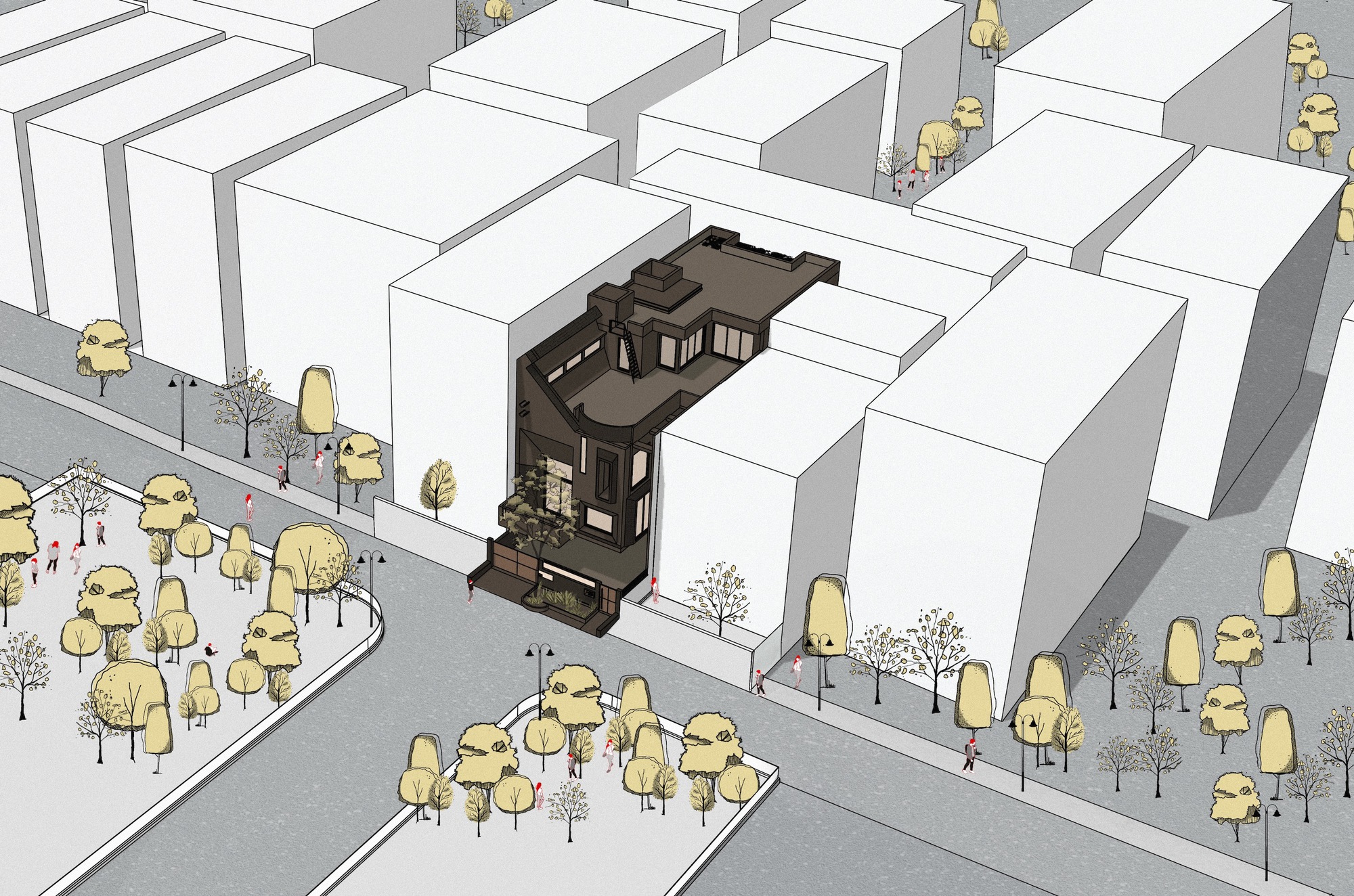 Axonometric site drawing showing a dark townhouse volume inserted among white surrounding blocks with street trees