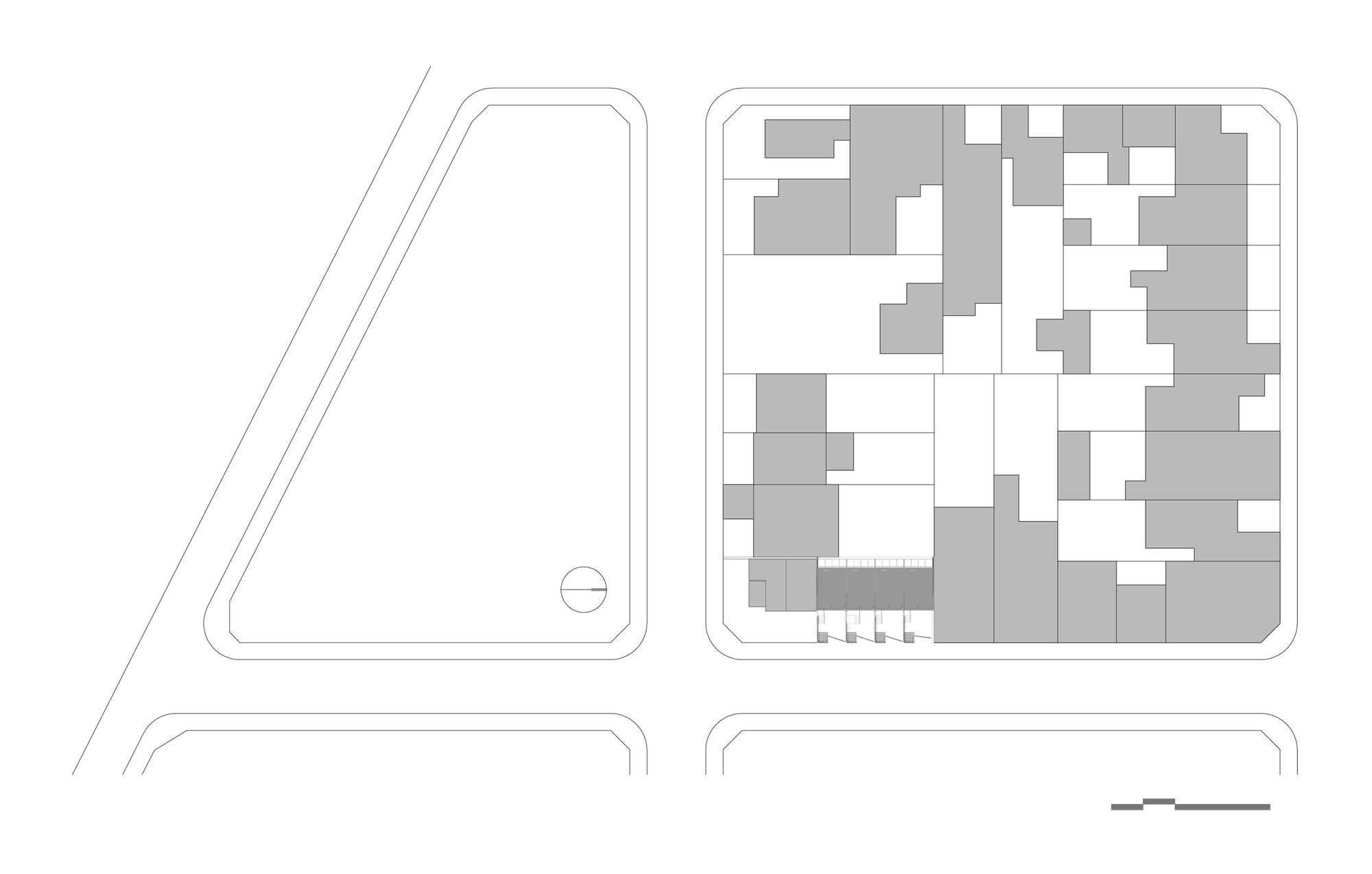 Site plan drawing showing the building footprint within the surrounding urban block