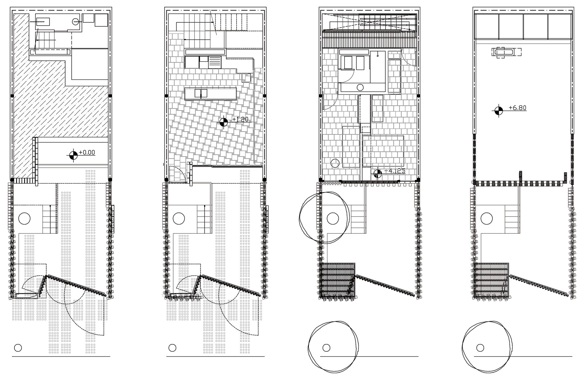 Multi-level floor plan drawing showing four townhouse units arranged vertically with terraces and interior stairs