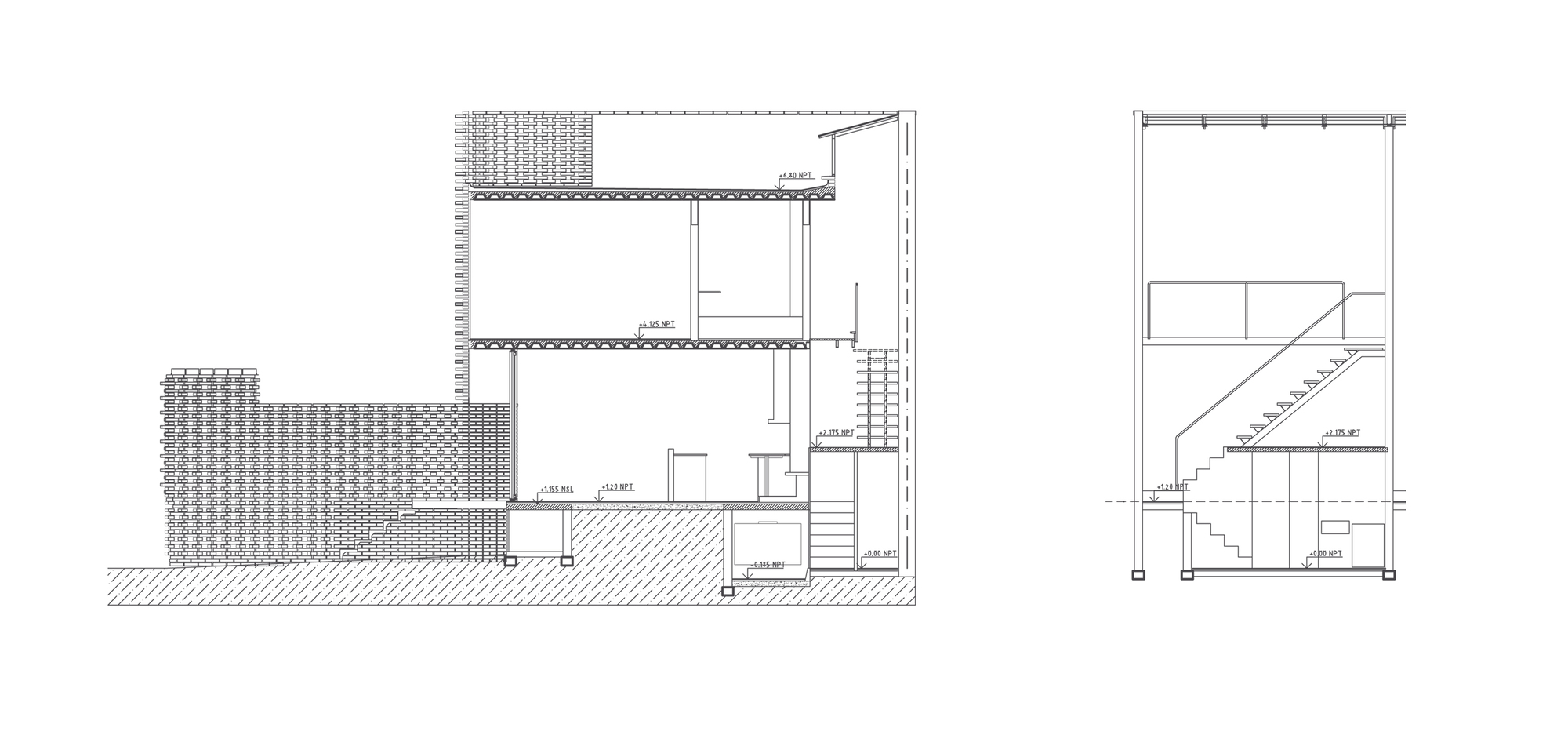 Section drawing showing the split-level interior with staircase and tiled terrace alongside an elevation view