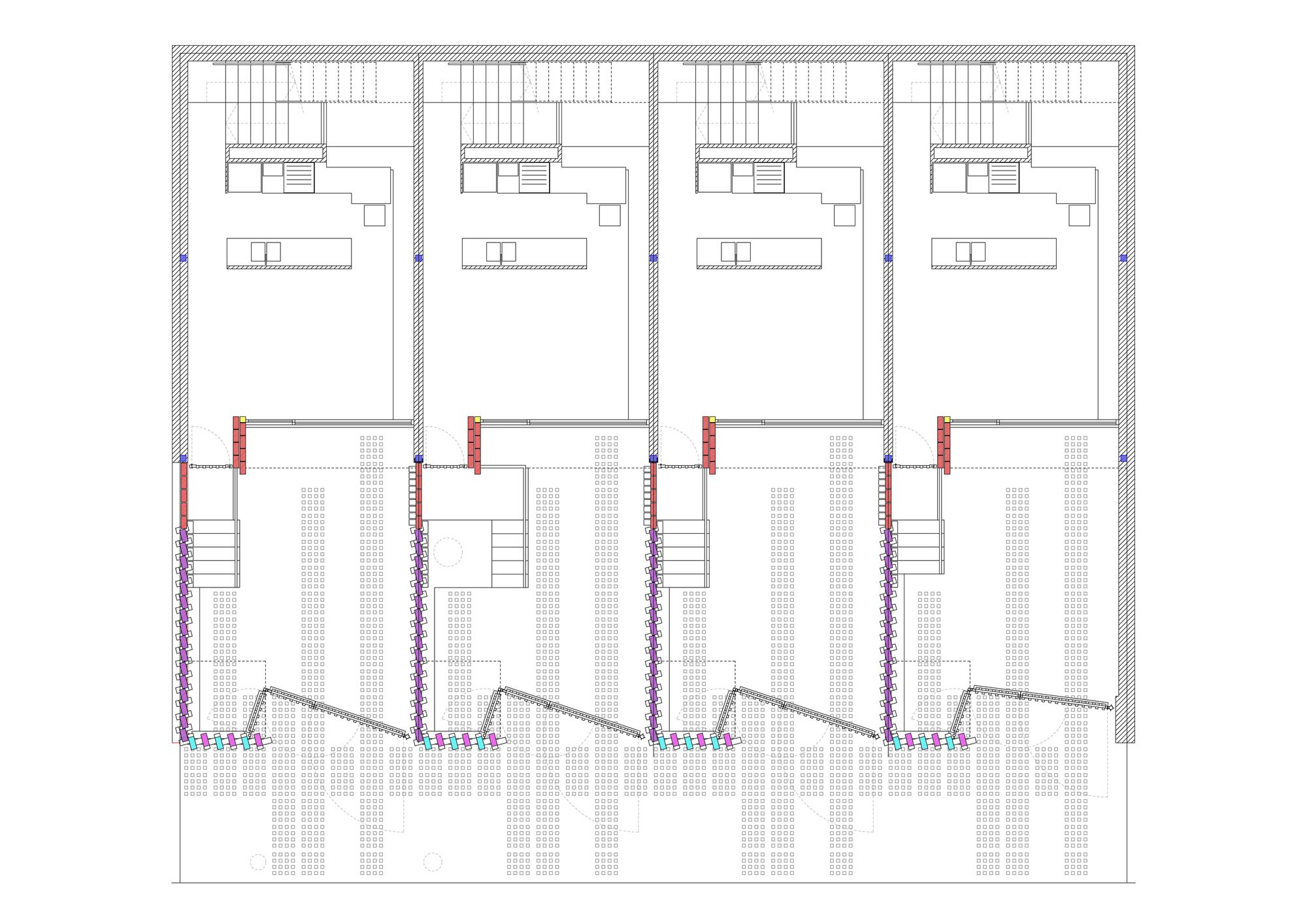 Floor plan showing four mirrored units with upper living spaces and lower entries accessed by angled stairs
