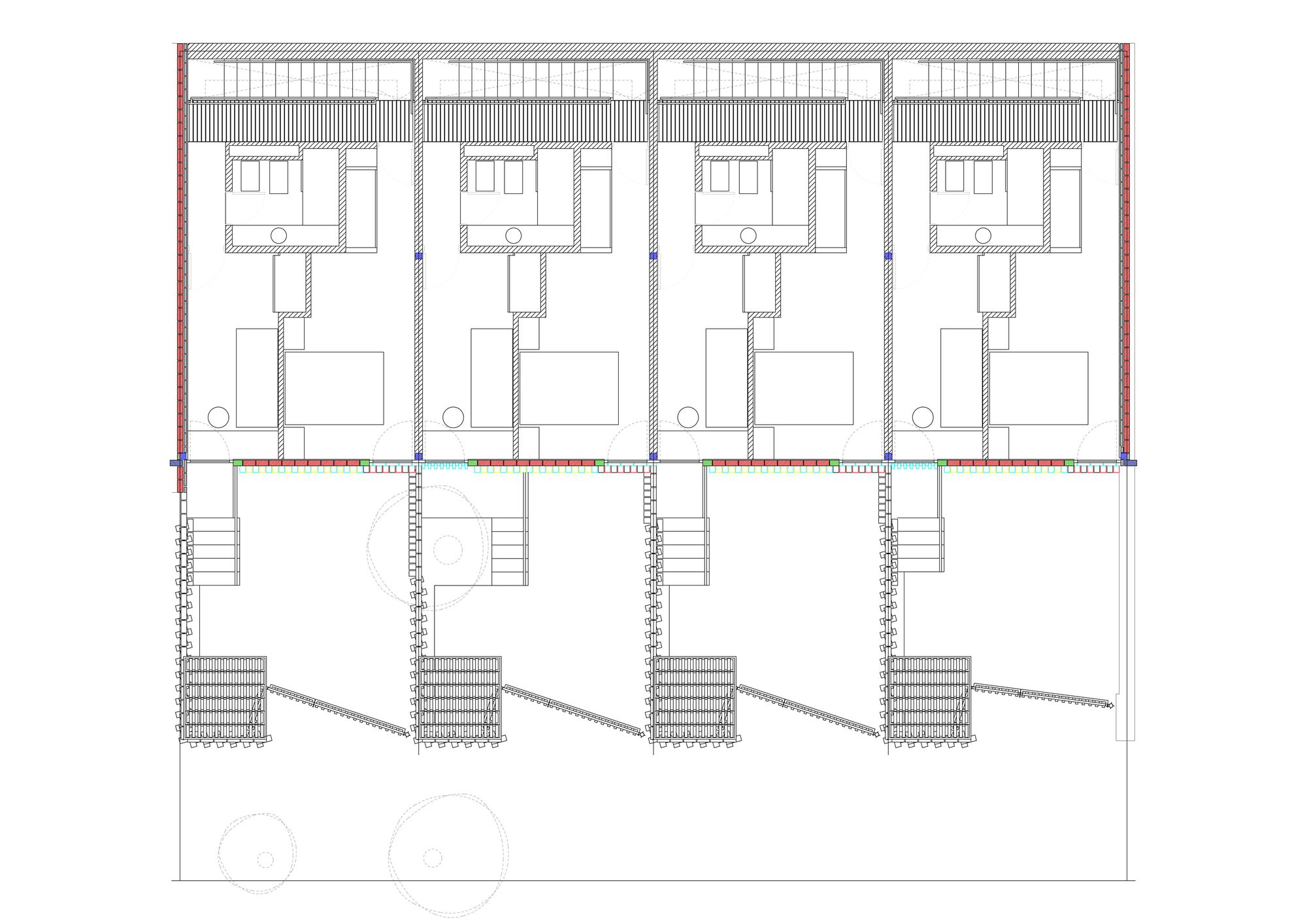 Floor plan showing four units with upper bedrooms and lower living spaces connected by internal staircases