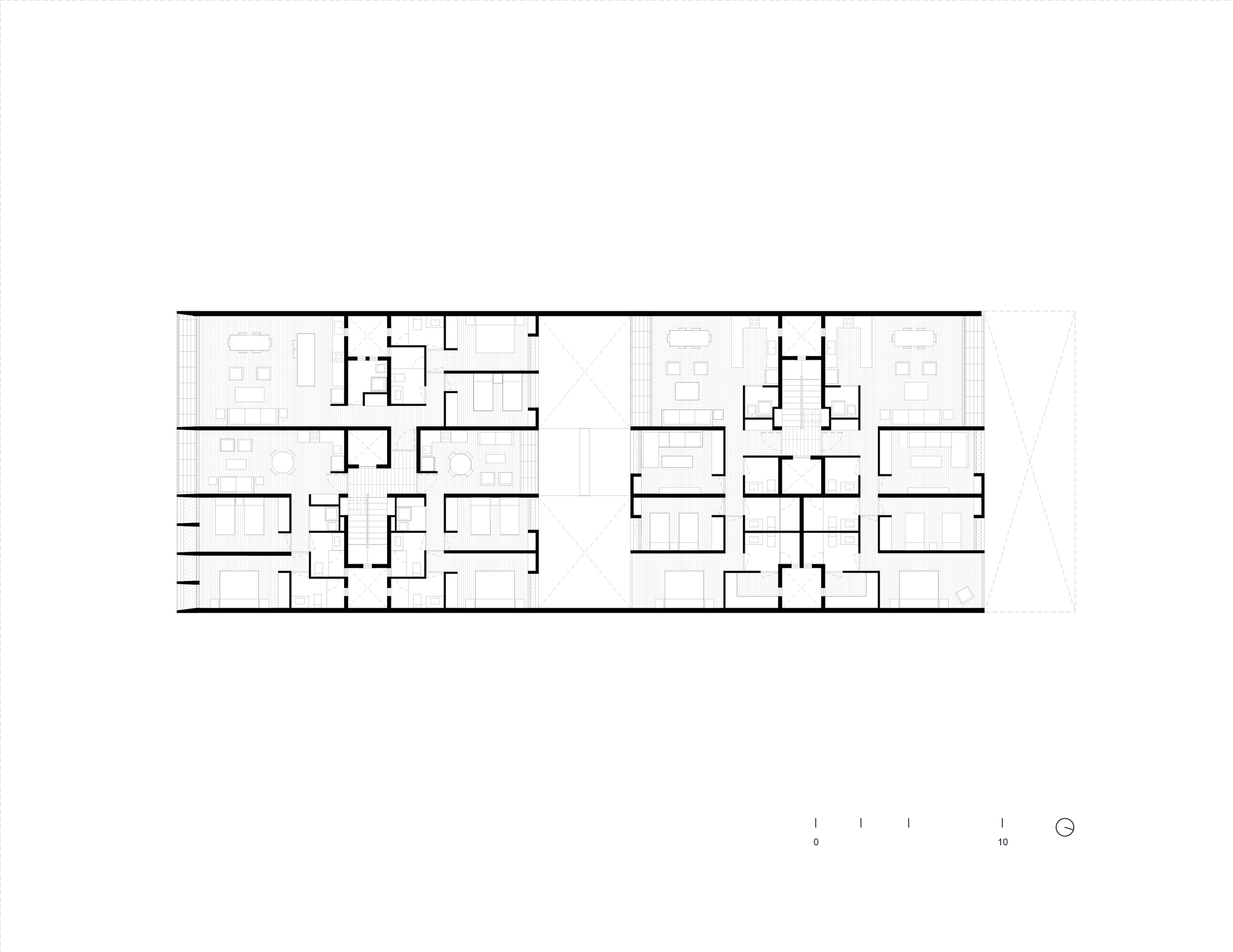 Floor plan drawing showing two residential blocks with mirrored units and central circulation cores