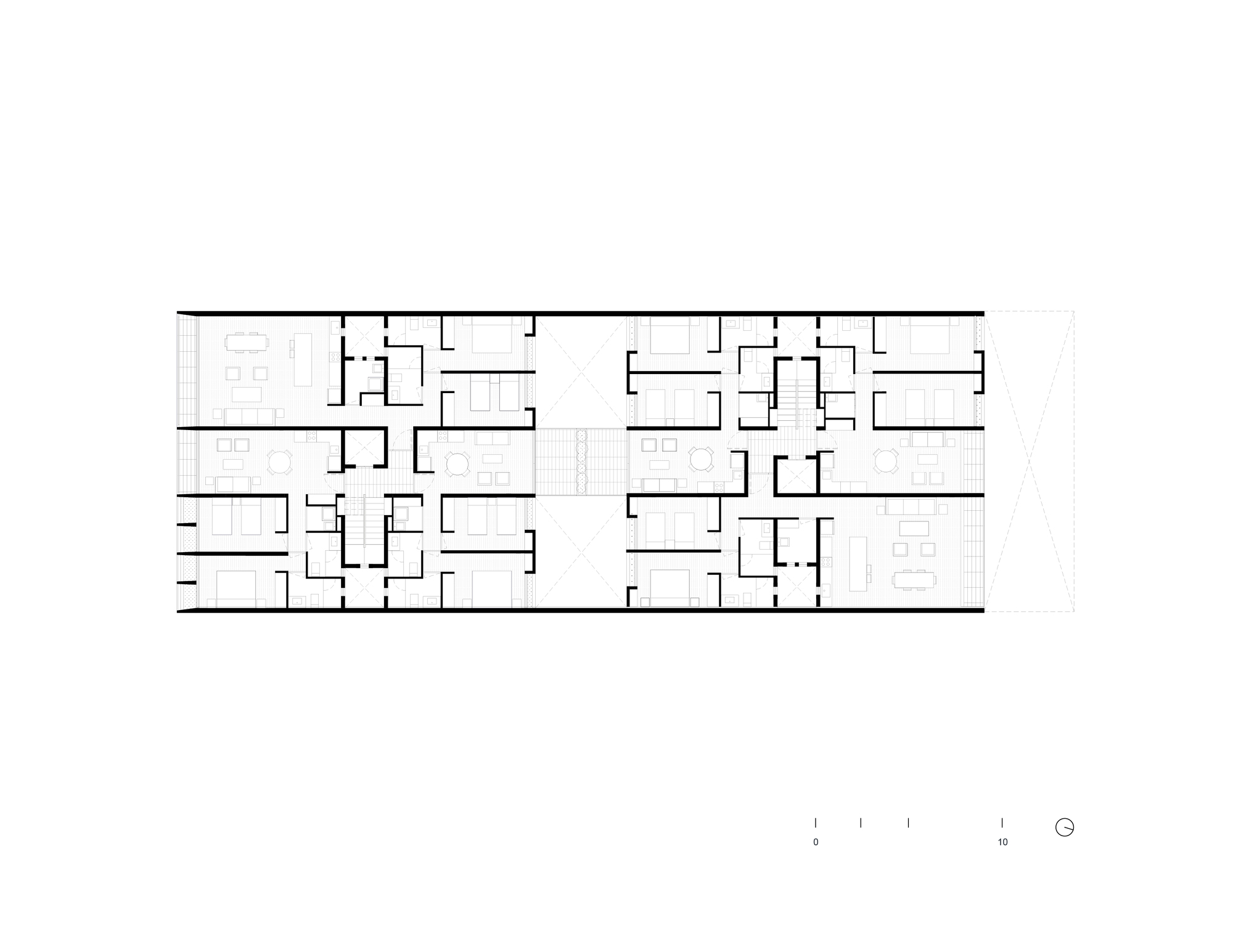 Floor plan drawing showing residential units arranged around vertical circulation with varied apartment layouts