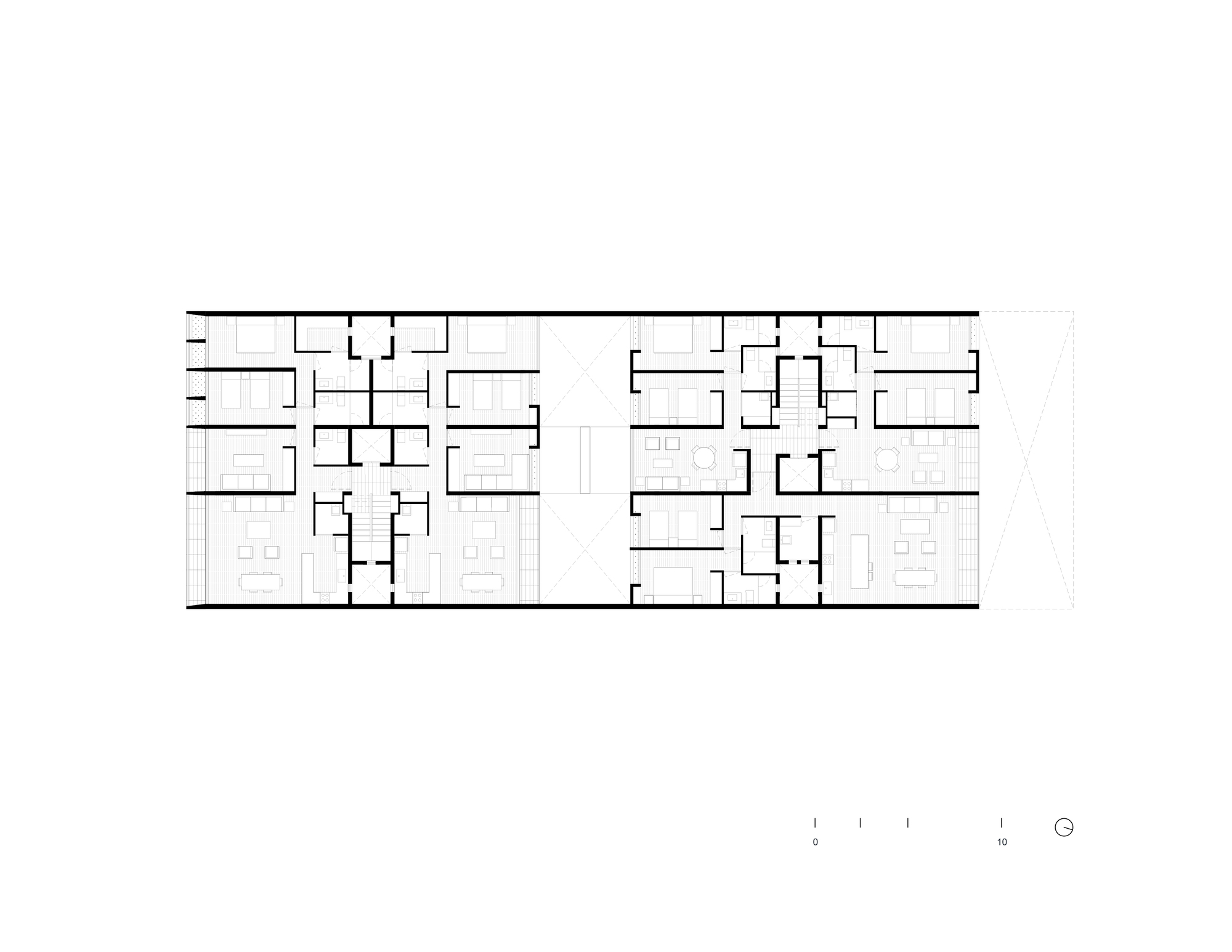 Floor plan drawing showing residential units with symmetrical layouts and central corridor access