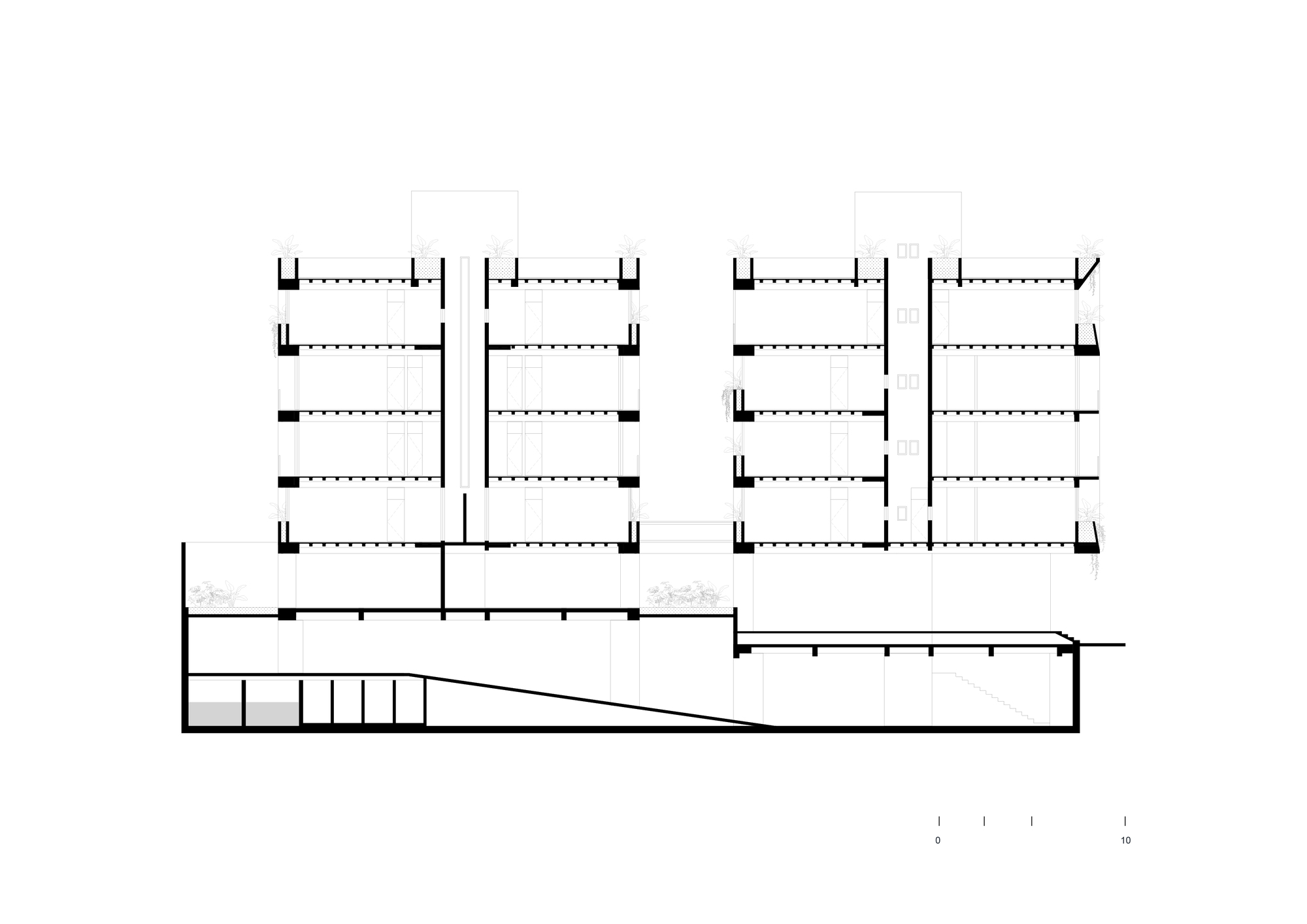 Section drawing showing stacked floors with diagonal stair connecting lower level to upper residential units