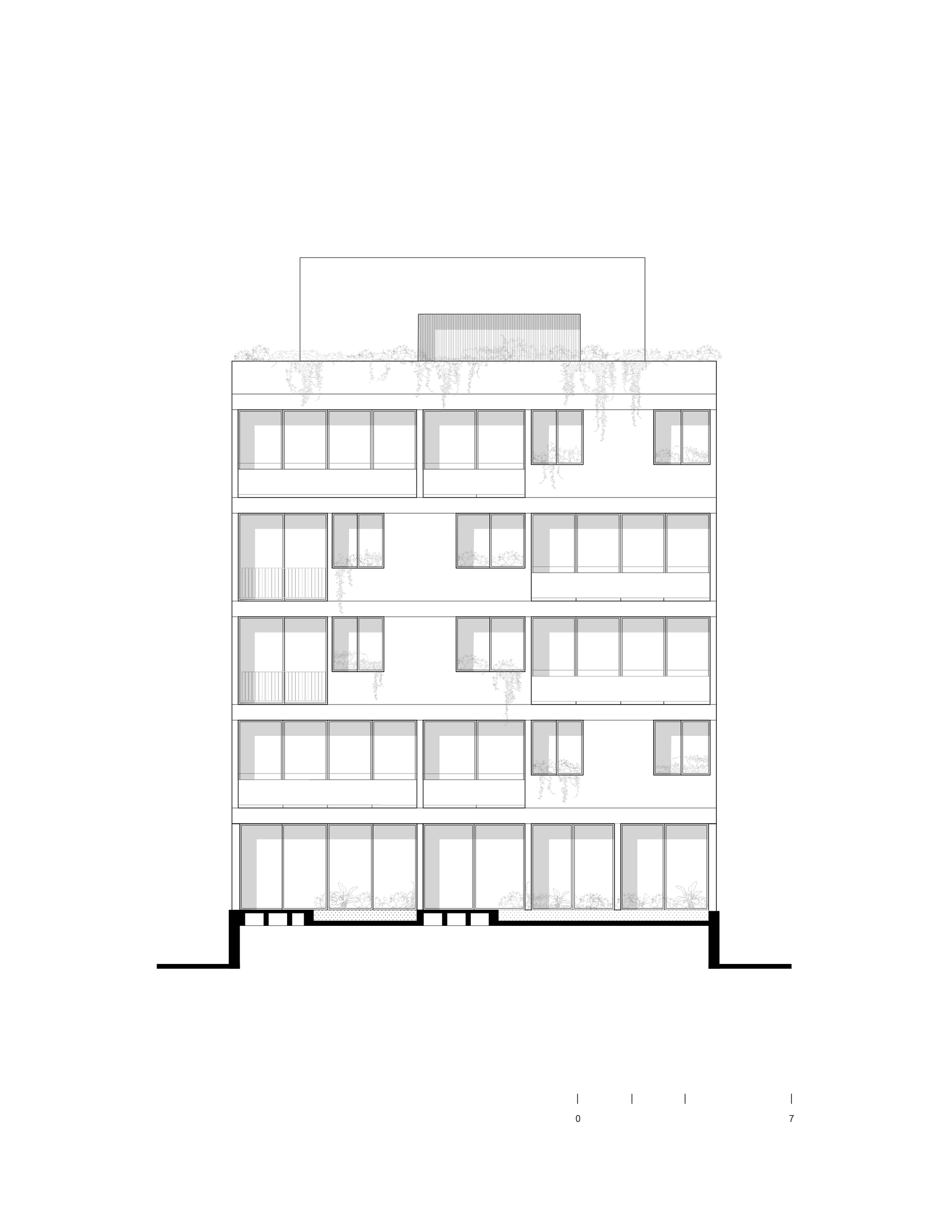 Elevation drawing of a five-story residential building with alternating balconies and planted rooftop terrace