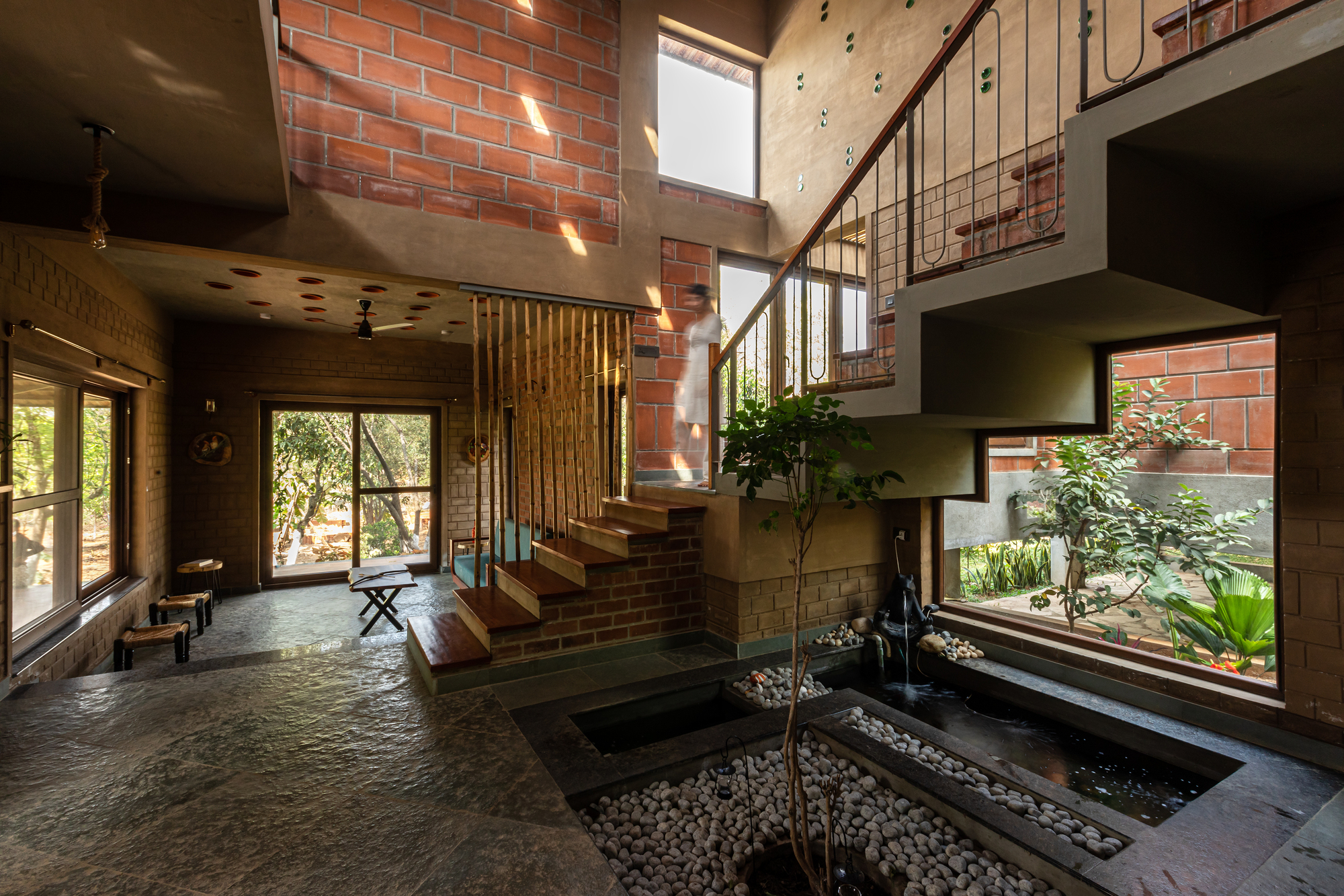 Double-height entry hall with timber and steel staircase beside an interior courtyard planted with a young tree