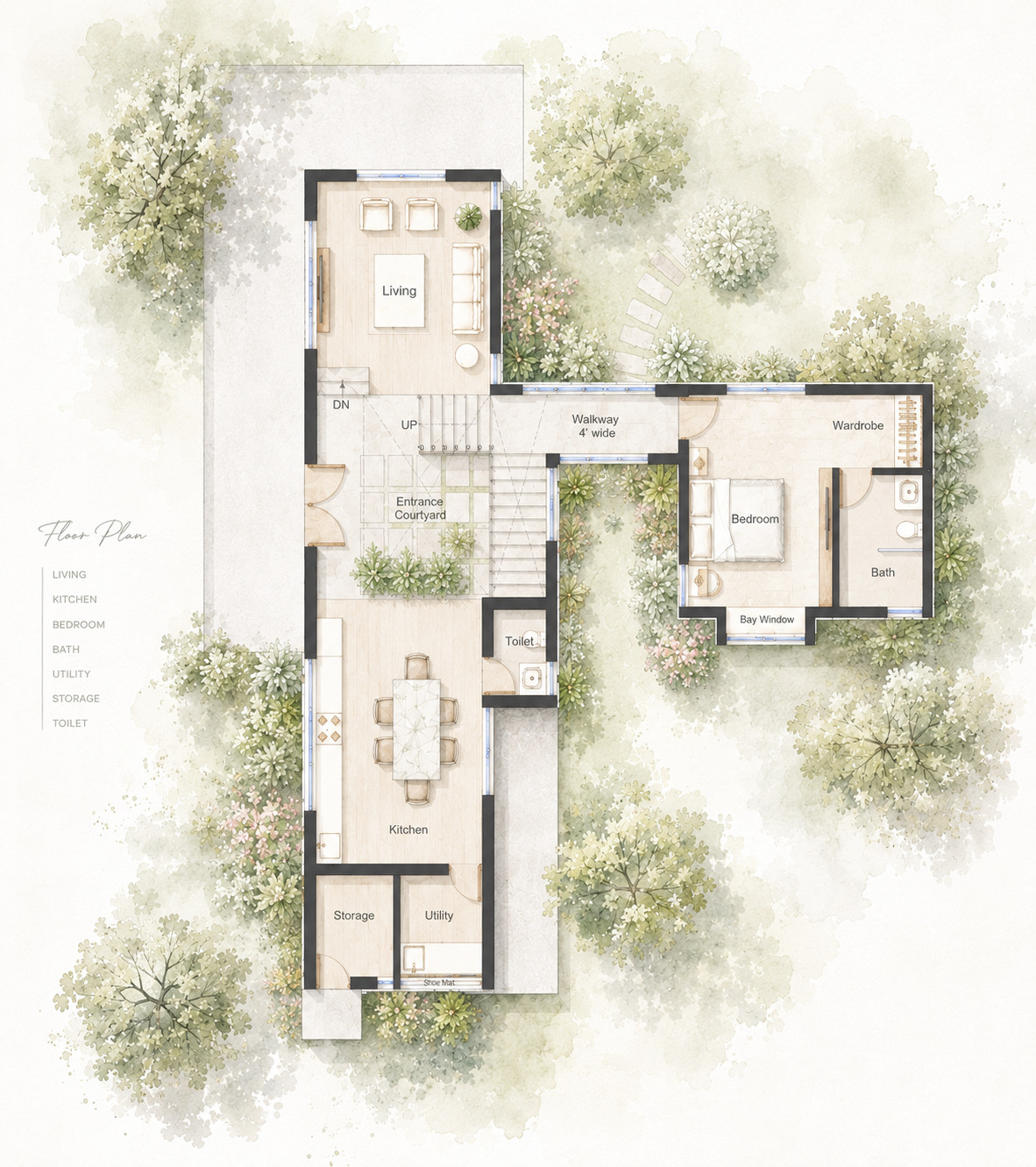 Floor plan drawing showing rooms arranged around internal courtyards with surrounding tree canopies rendered in watercolor