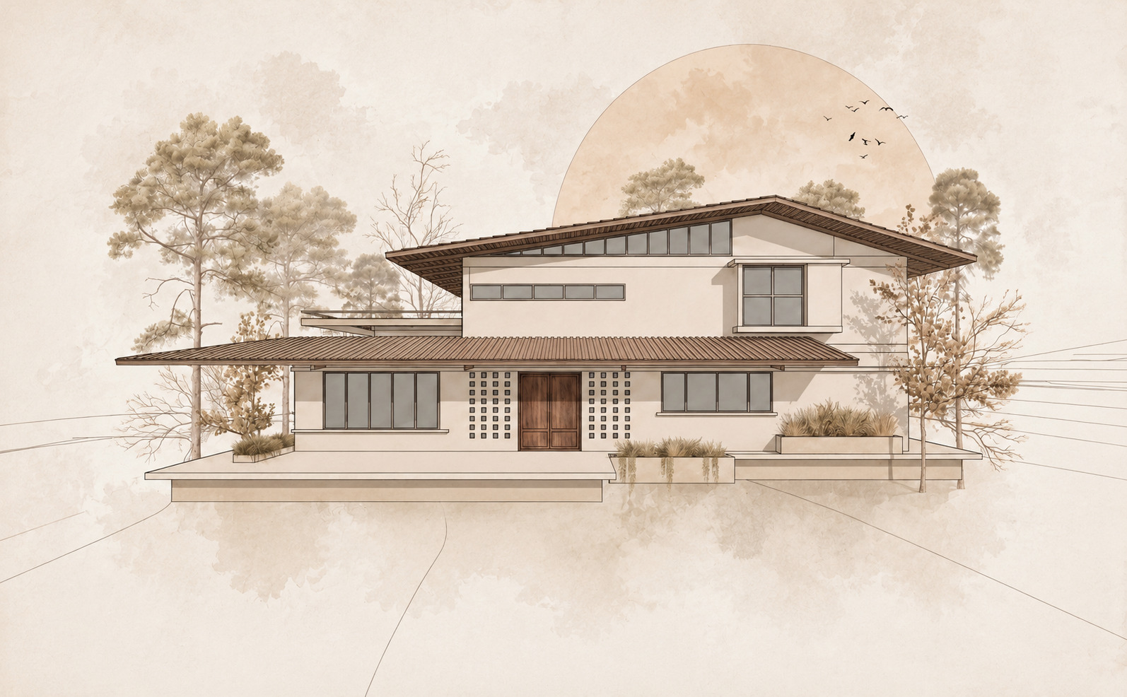 Elevation drawing showing two-story residence with overhanging roofs and lattice screens framed by trees
